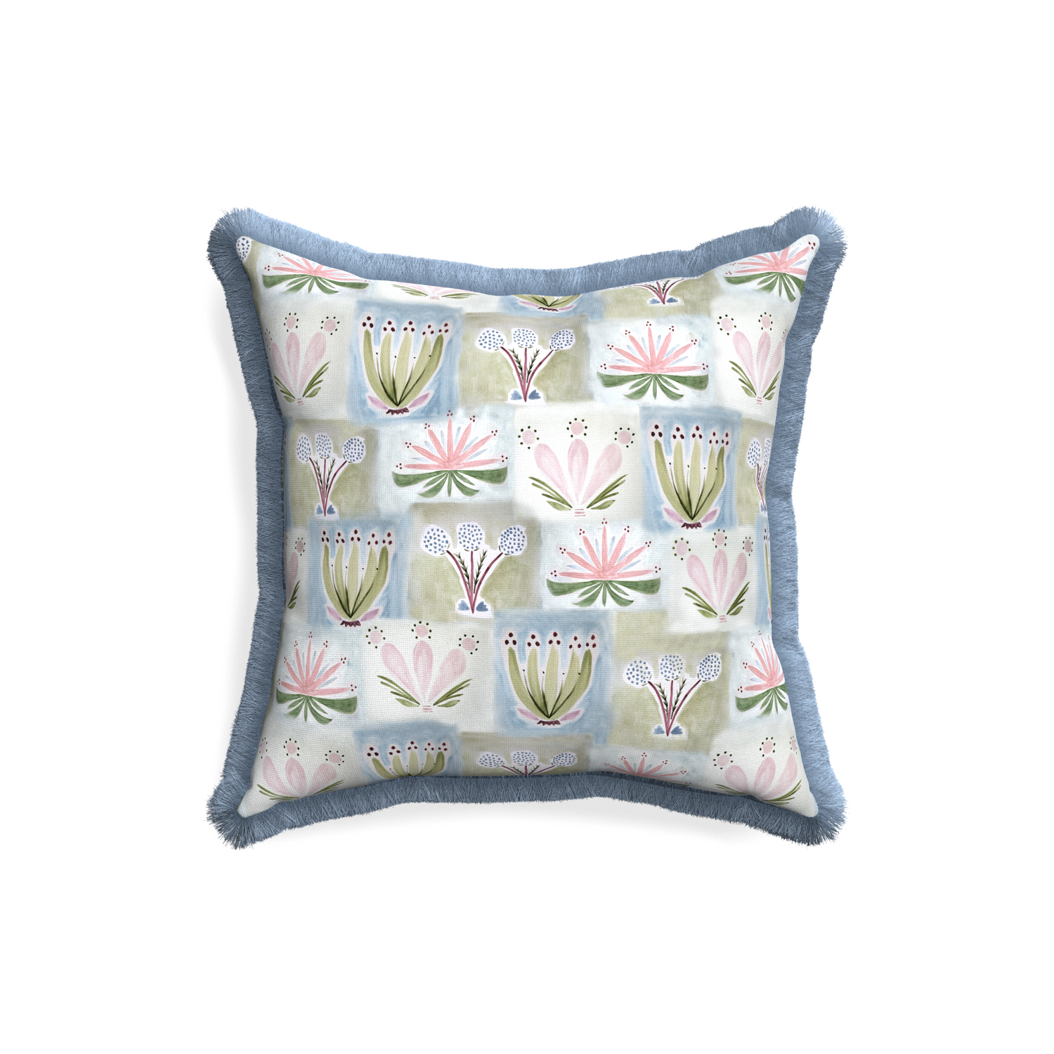 18-square harper custom hand-painted floralpillow with sky fringe on white background