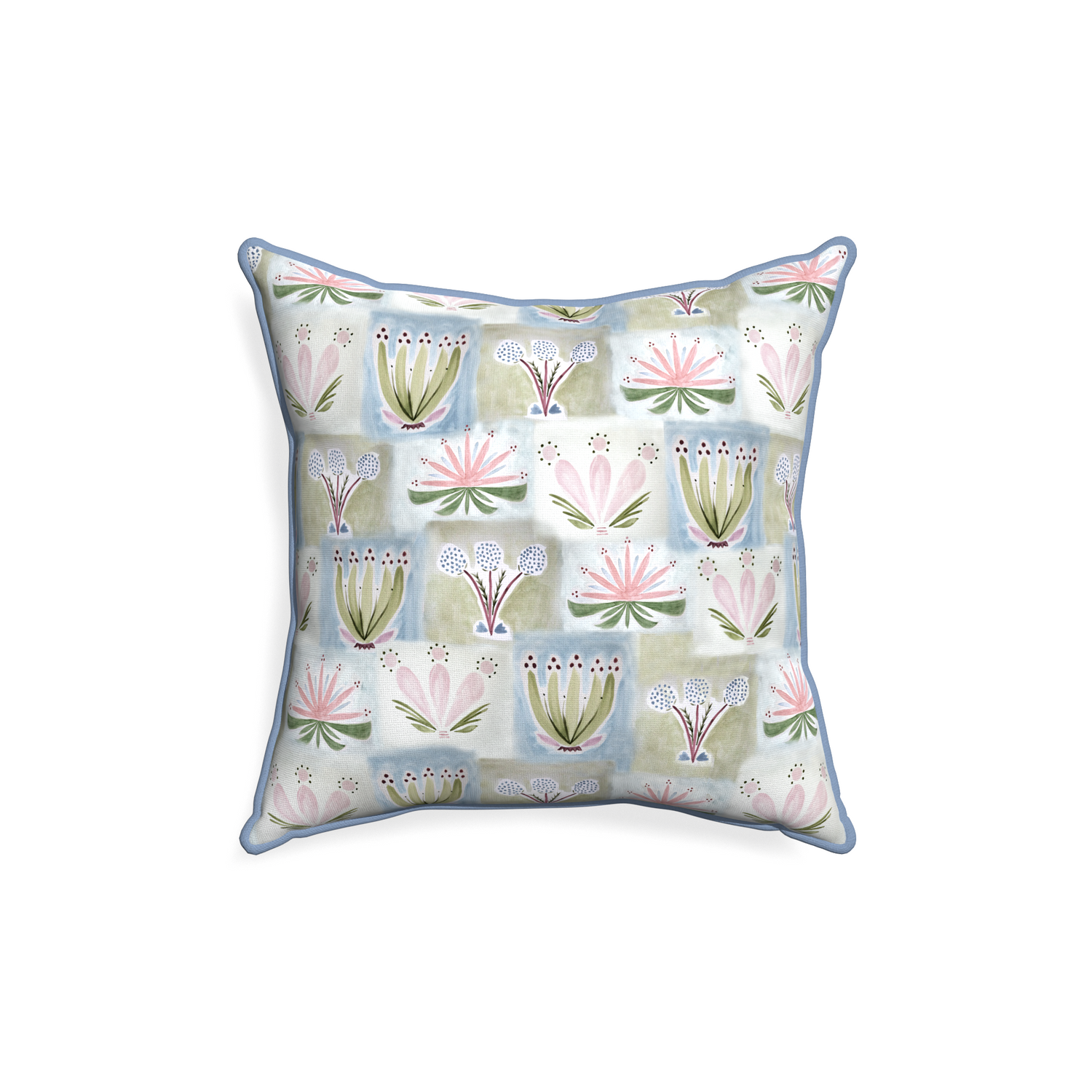 18-square harper custom hand-painted floralpillow with sky piping on white background