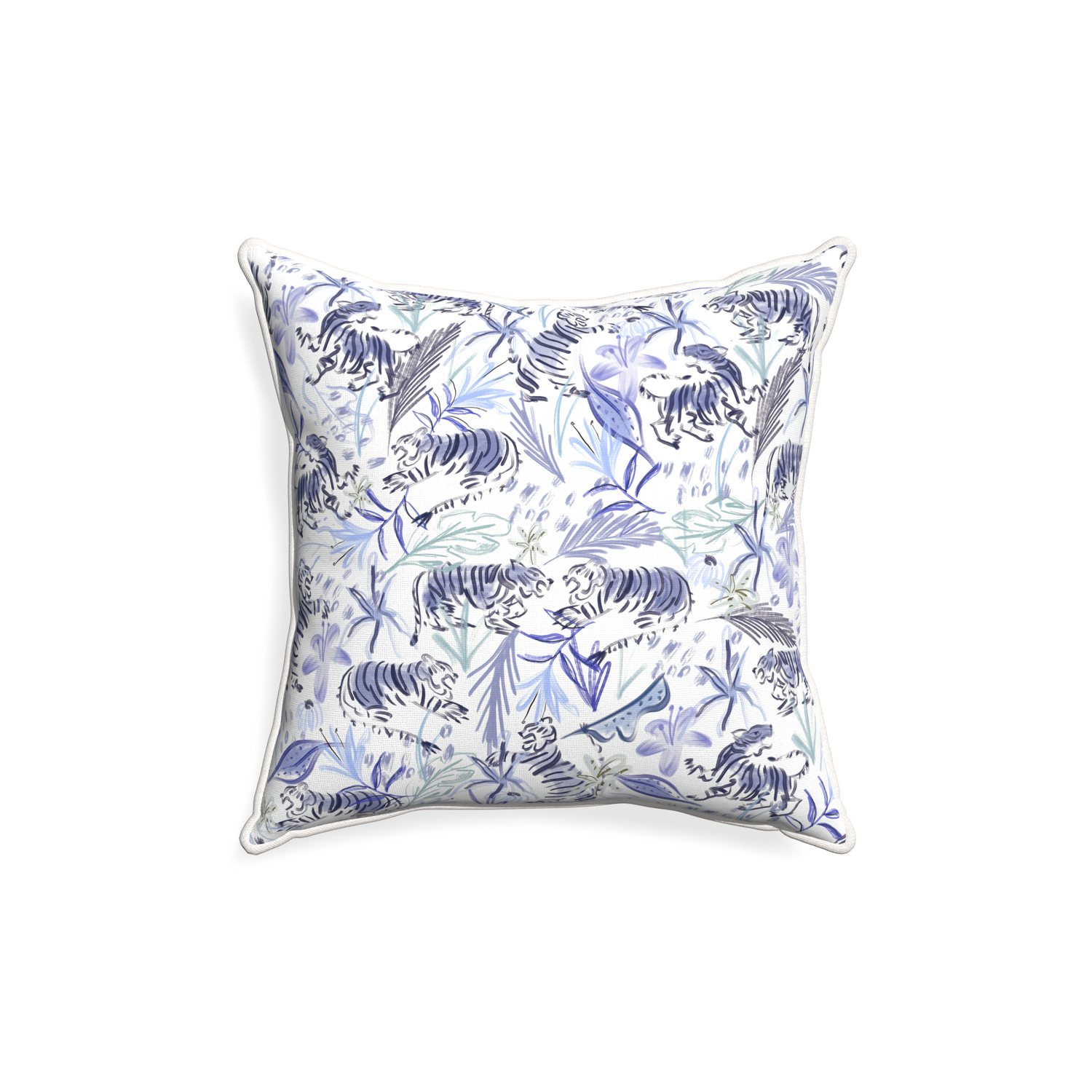 18-square frida blue custom blue with intricate tiger designpillow with snow piping on white background