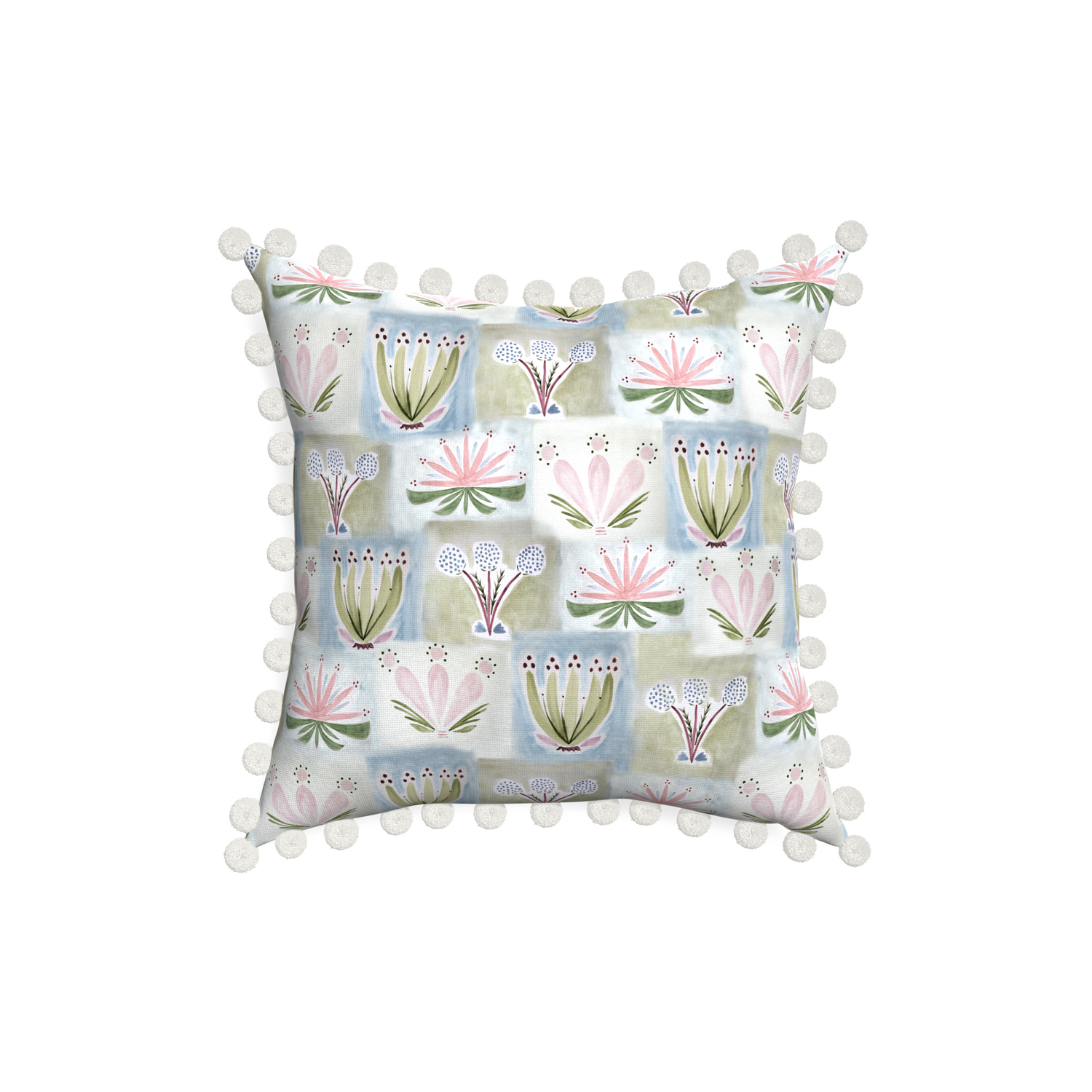 18-square harper custom hand-painted floralpillow with snow pom pom on white background