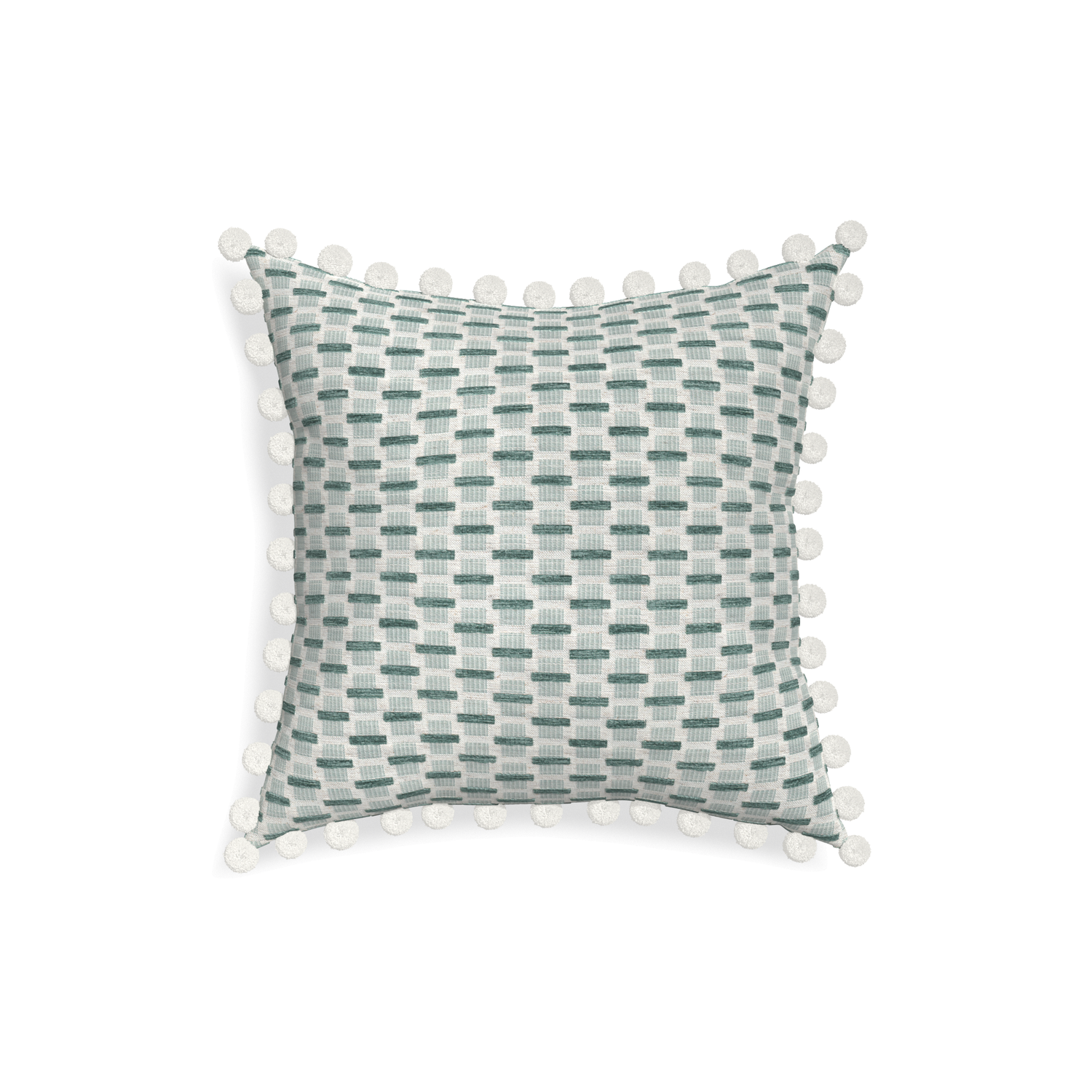 18-square willow mint custom green geometric chenillepillow with snow pom pom on white background