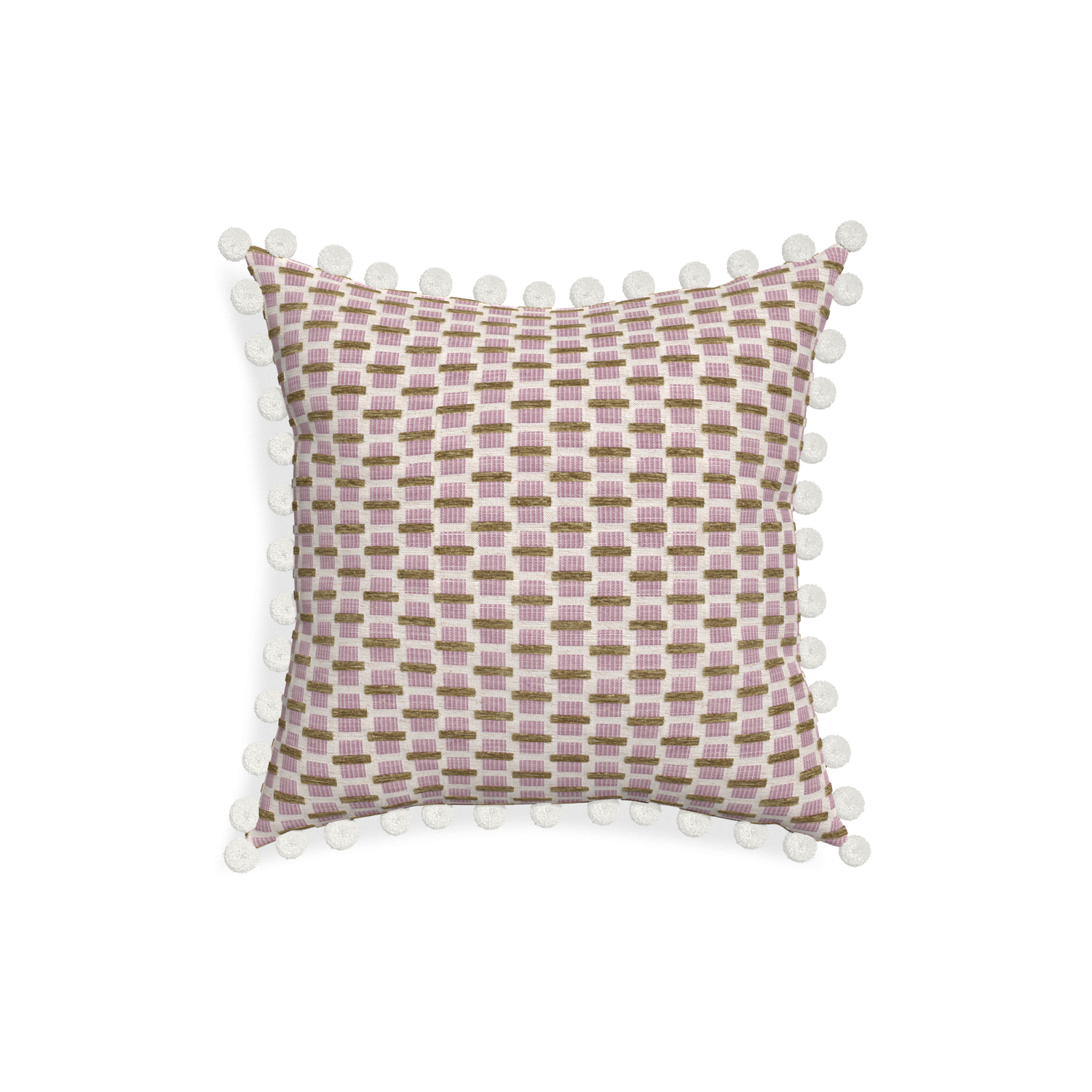 18-square willow orchid custom pink geometric chenillepillow with snow pom pom on white background
