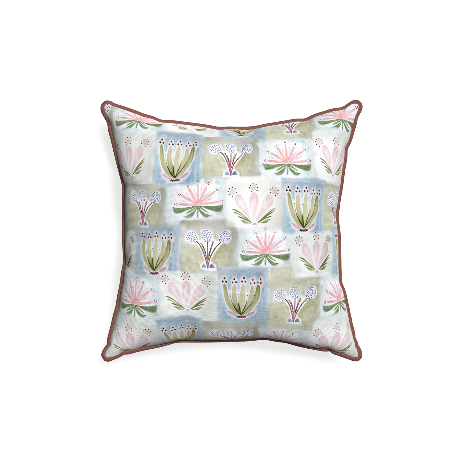 18-square harper custom hand-painted floralpillow with w piping on white background