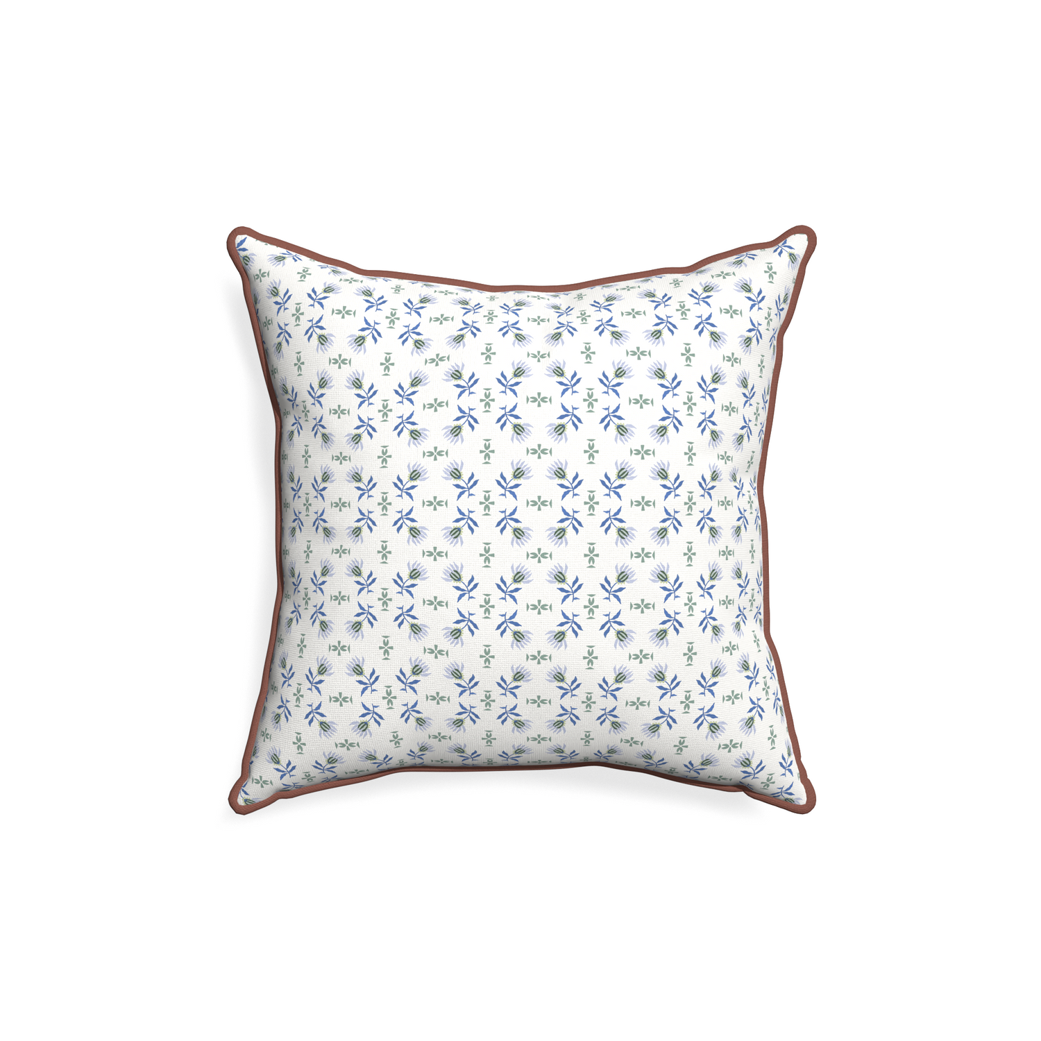 18-square lee custom blue & green floralpillow with w piping on white background