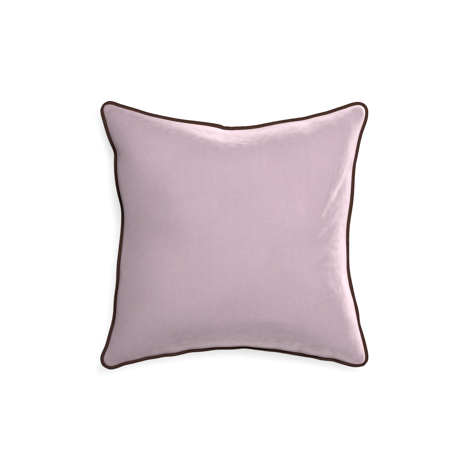 square lilac velvet pillow with brown piping