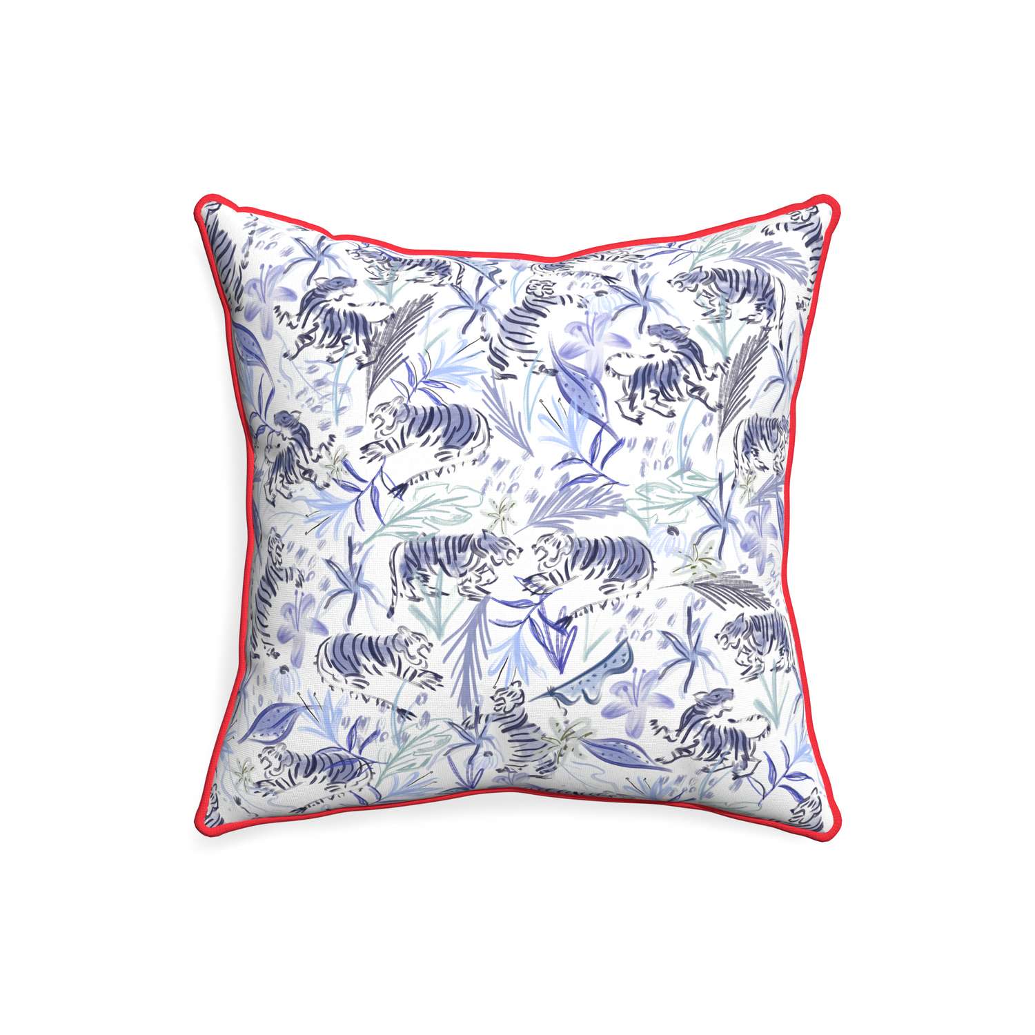 20-square frida blue custom blue with intricate tiger designpillow with cherry piping on white background