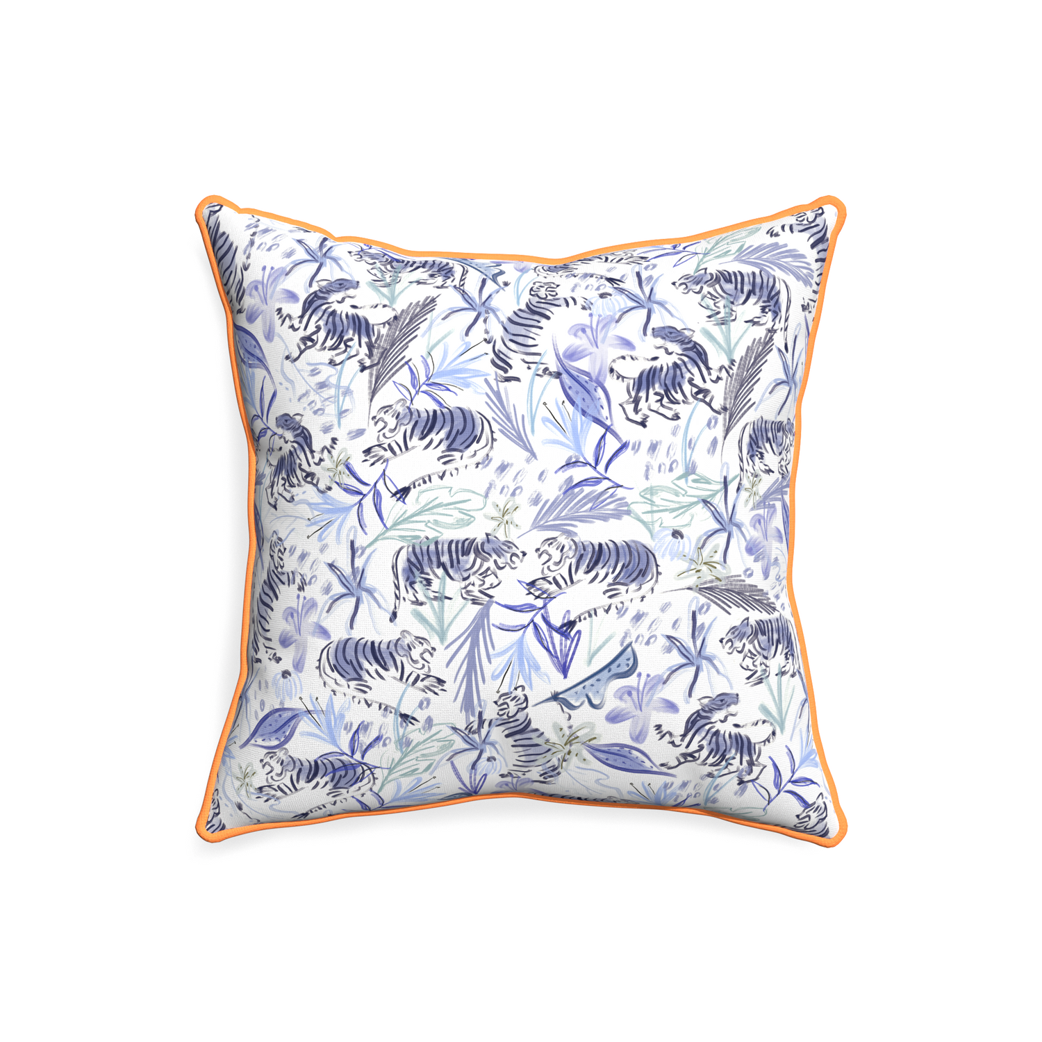 20-square frida blue custom blue with intricate tiger designpillow with clementine piping on white background