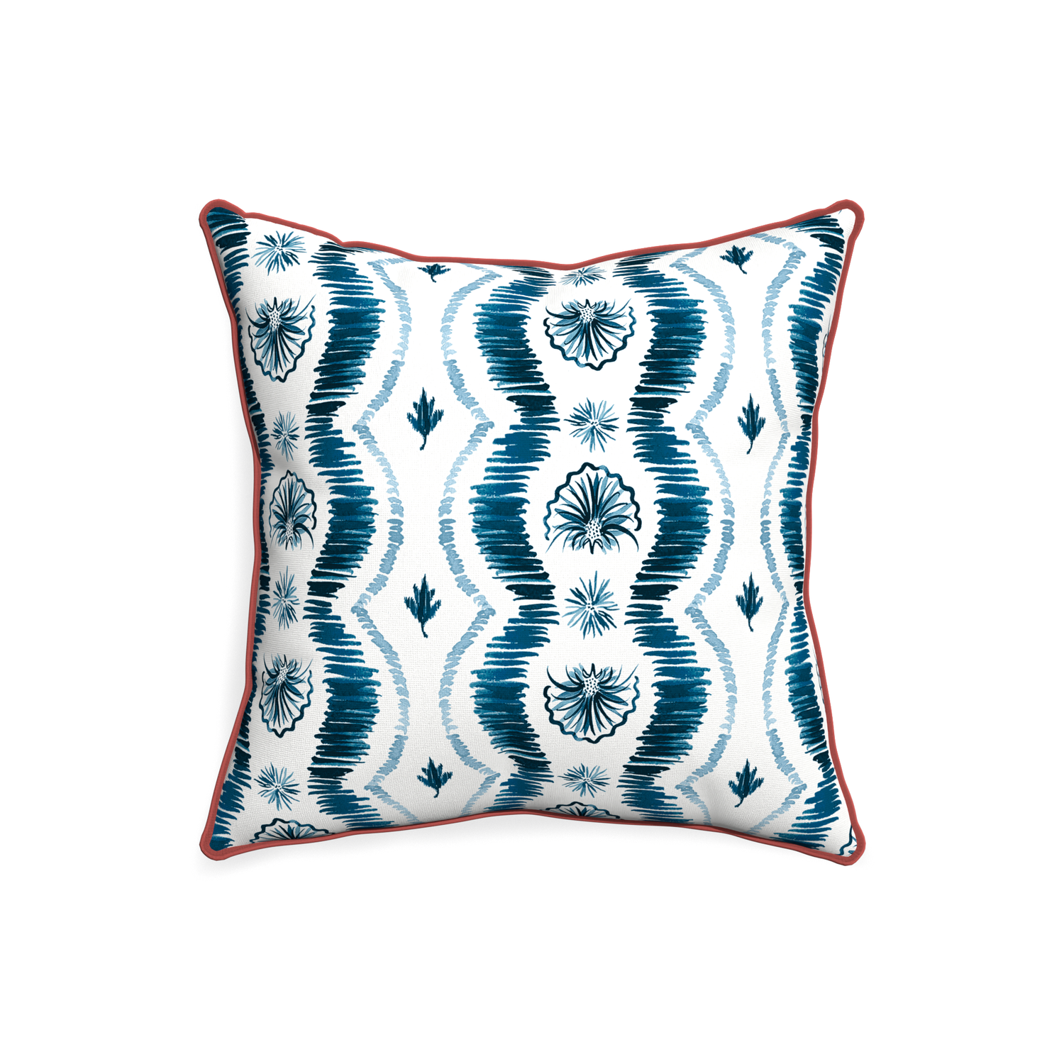 square Blue Ikat Stripe Pillow with pink velvet piping