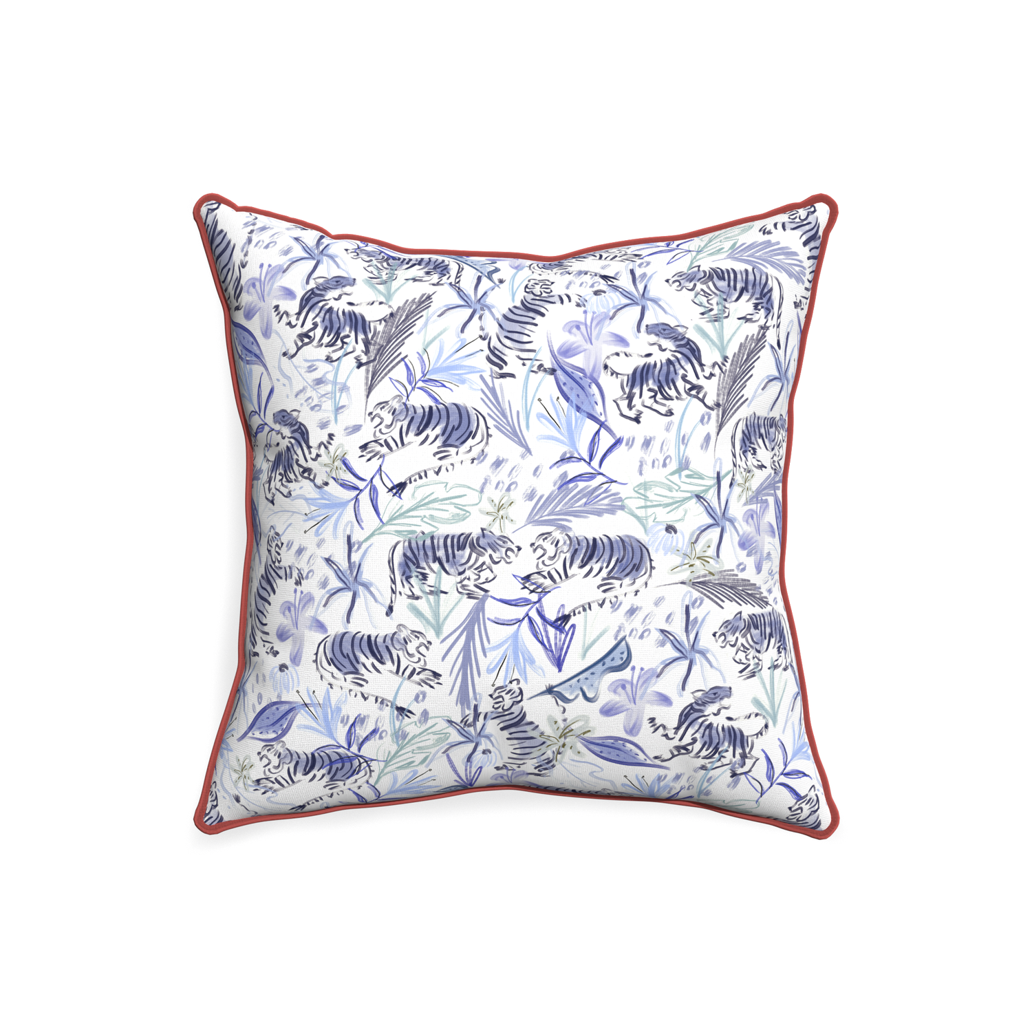 20-square frida blue custom blue with intricate tiger designpillow with c piping on white background
