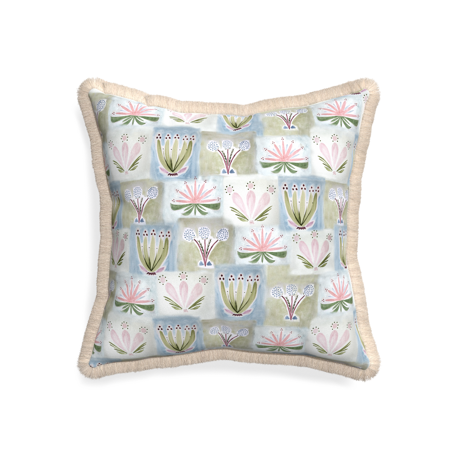 20-square harper custom hand-painted floralpillow with cream fringe on white background