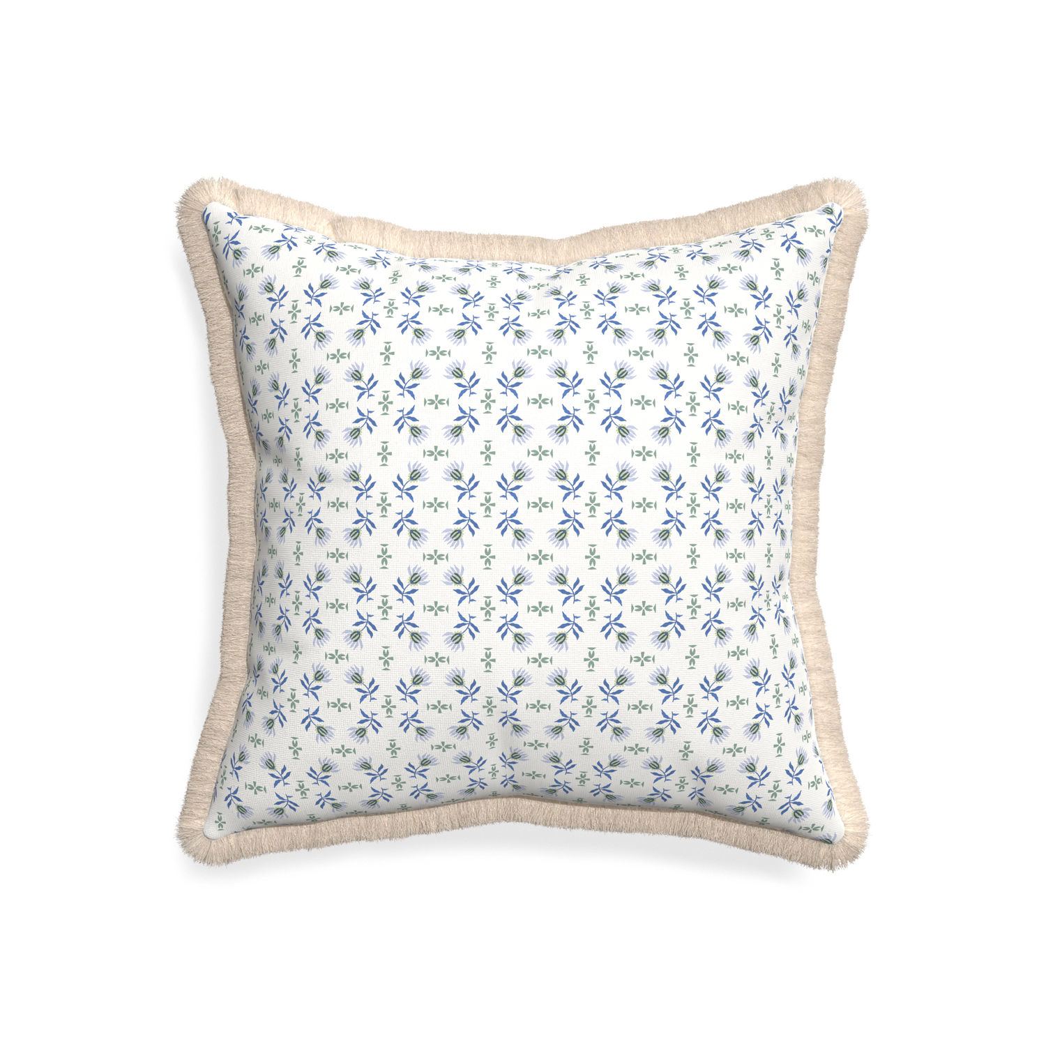 20-square lee custom blue & green floralpillow with cream fringe on white background