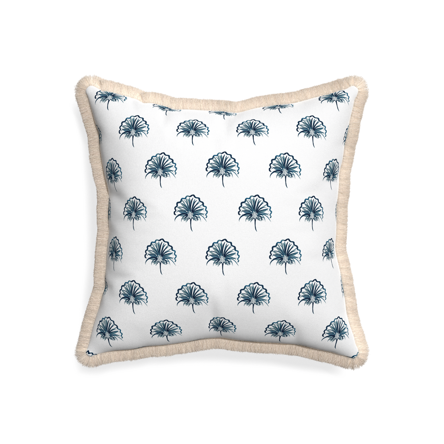 20-square penelope midnight custom floral navypillow with cream fringe on white background