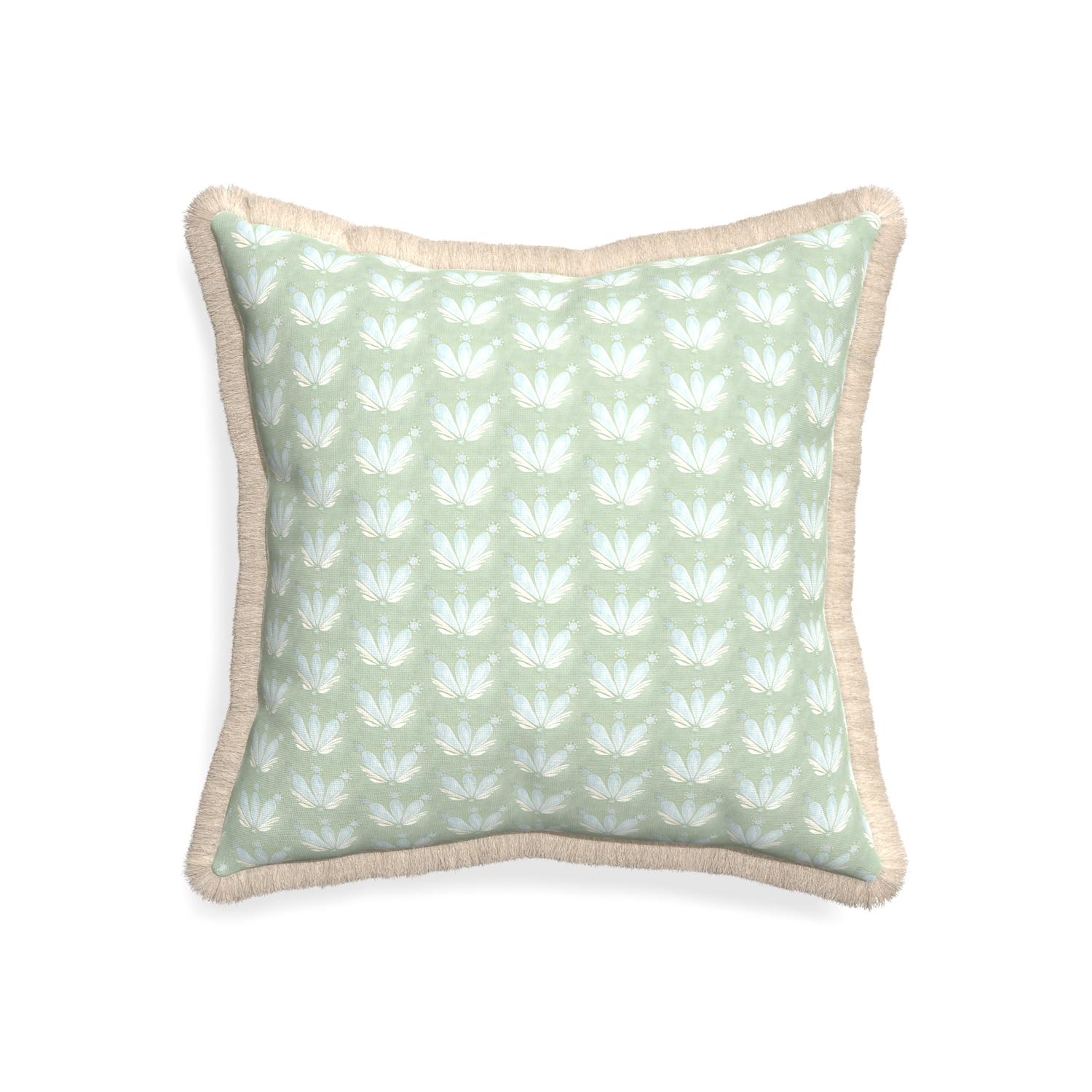 20-square serena sea salt custom blue & green floral drop repeatpillow with cream fringe on white background