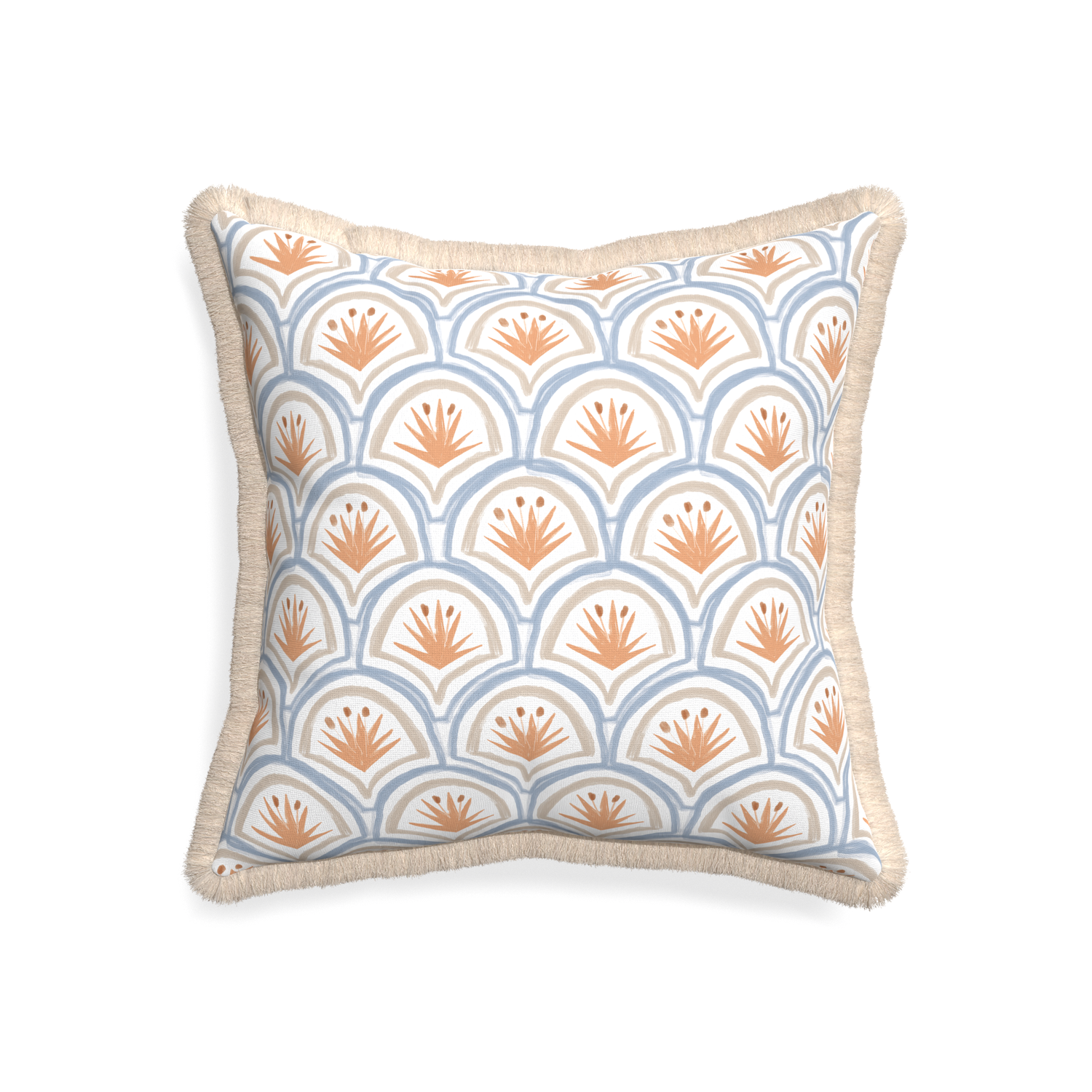20-square thatcher apricot custom art deco palm patternpillow with cream fringe on white background