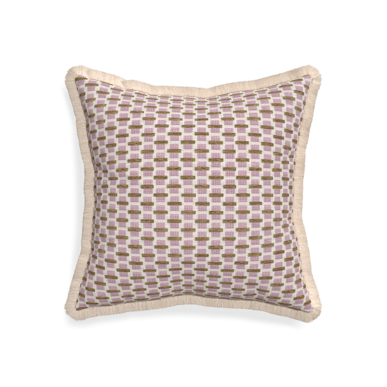 20-square willow orchid custom pink geometric chenillepillow with cream fringe on white background