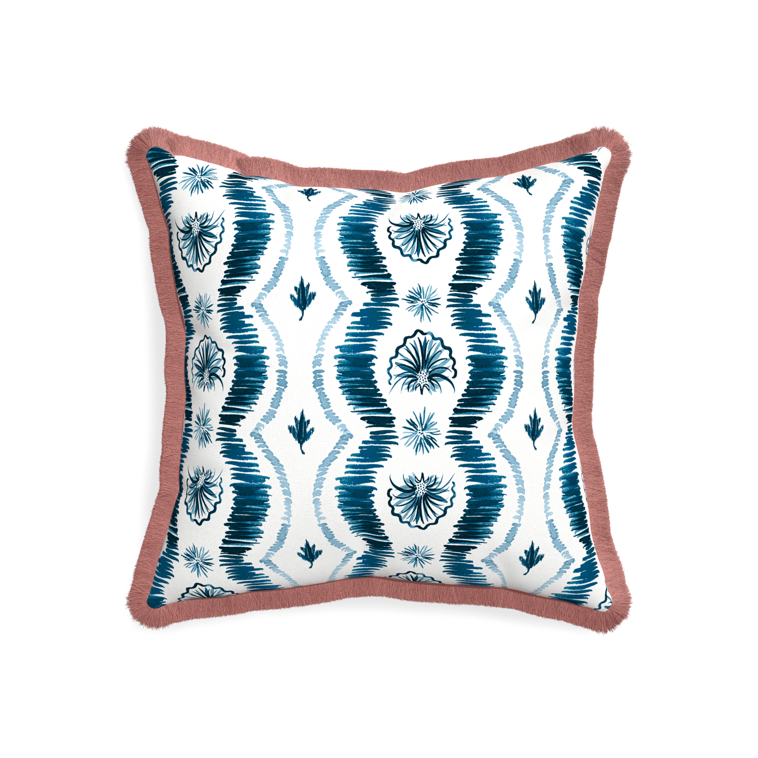 20 inch Square Blue Ikat Stripe Pillow with dusty rose fringe