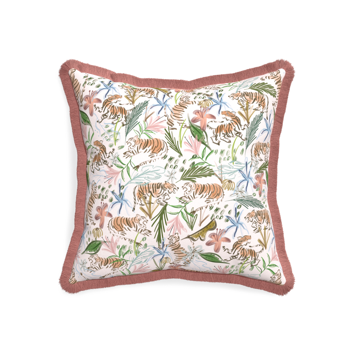 20-square frida pink custom pink chinoiserie tigerpillow with d fringe on white background