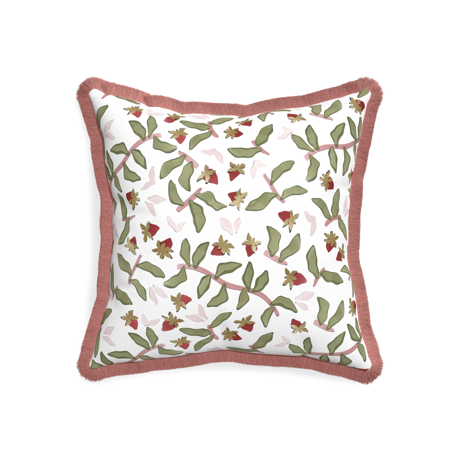 20-square nellie custom strawberry & botanicalpillow with d fringe on white background