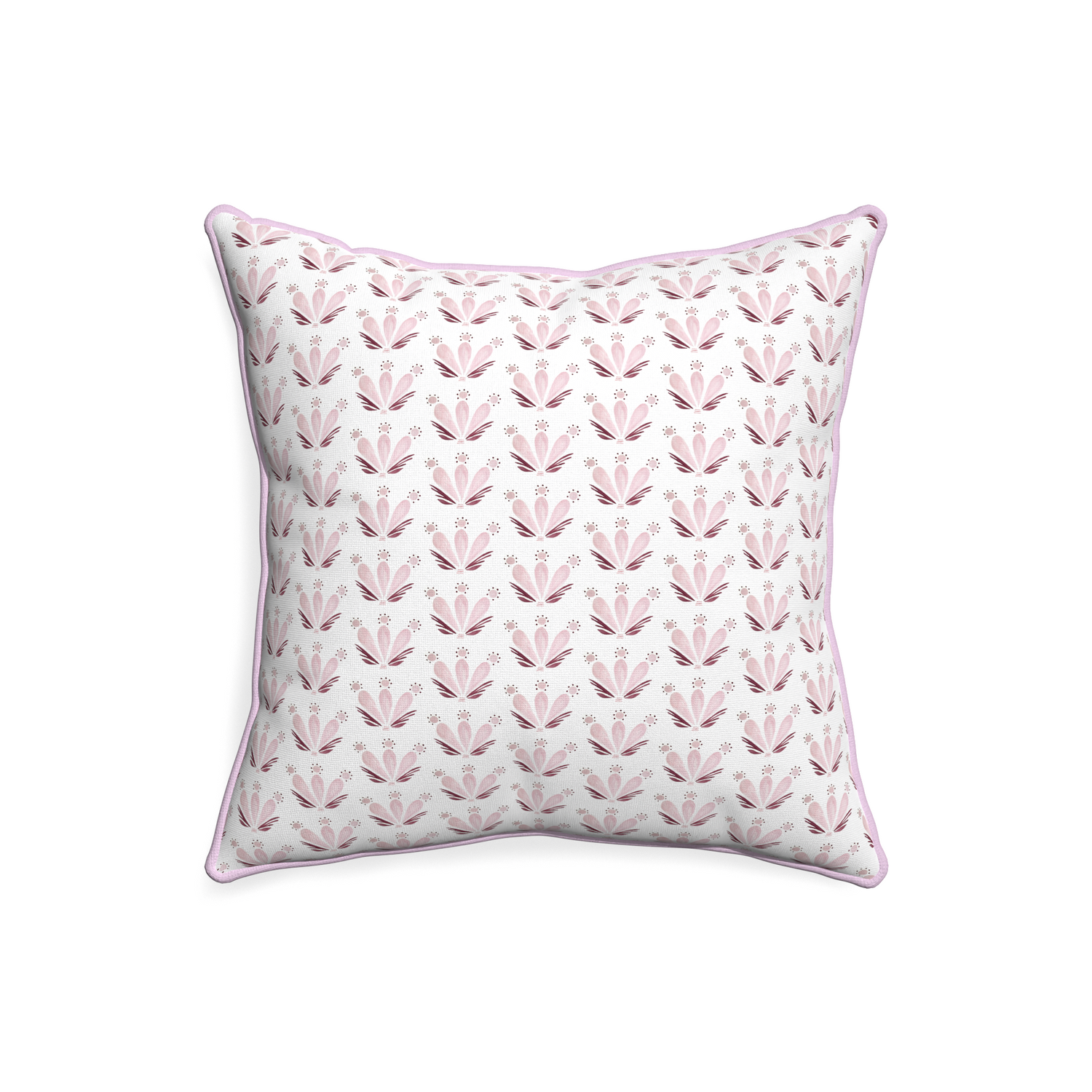20-square serena pink custom pink & burgundy drop repeat floralpillow with l piping on white background