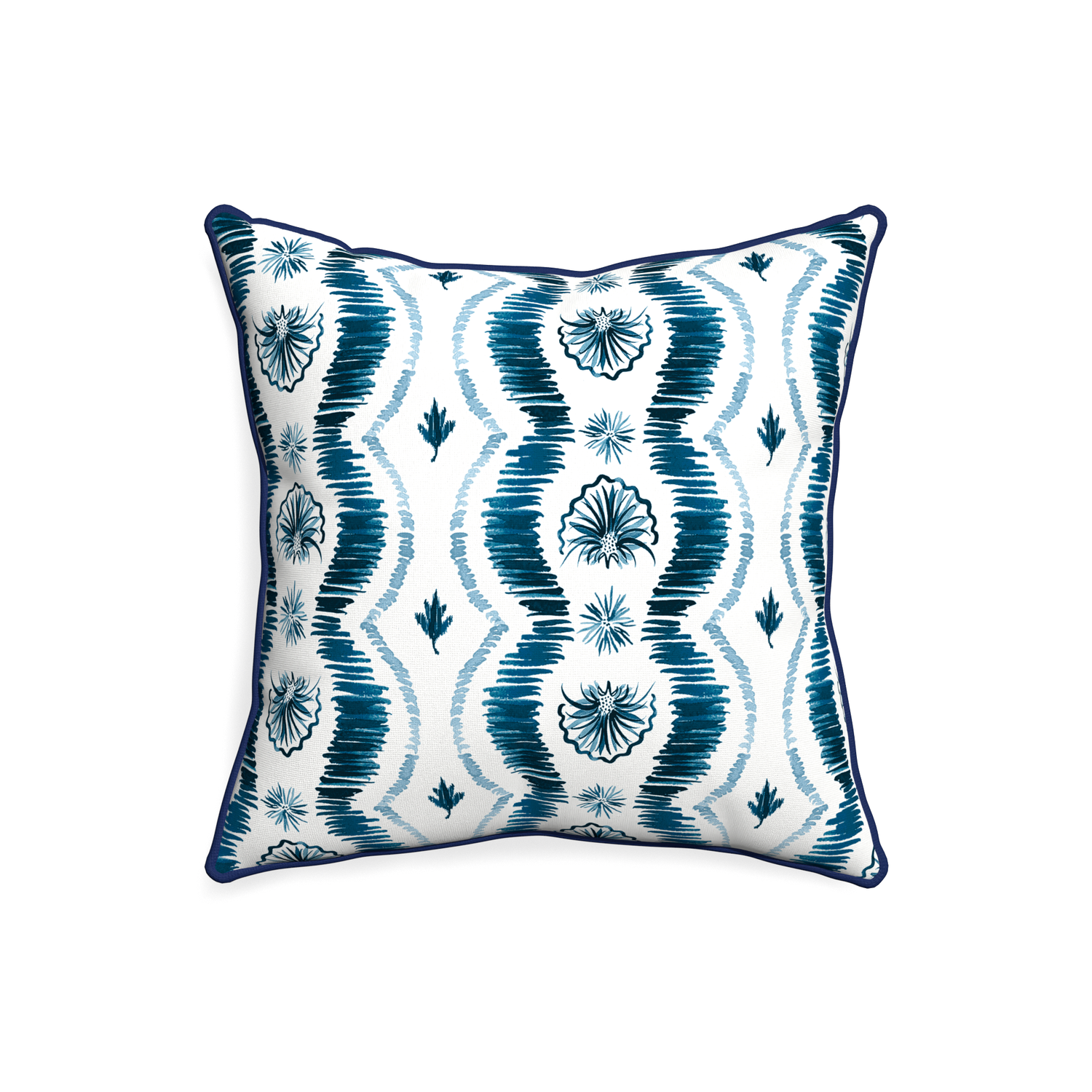 20-square alice custom blue ikatpillow with midnight piping on white background