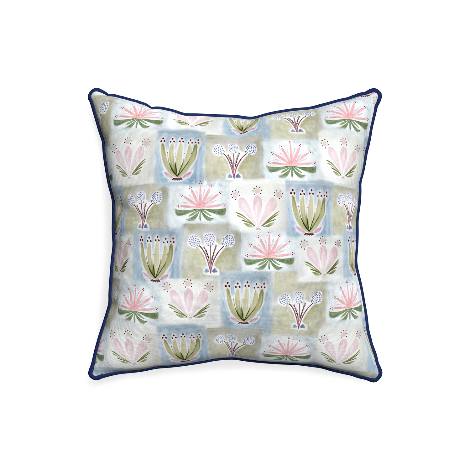 20-square harper custom hand-painted floralpillow with midnight piping on white background
