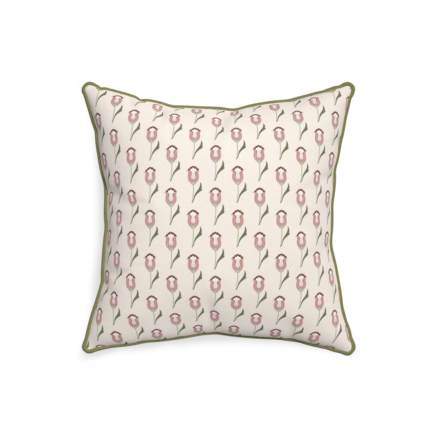 square cream pillow with pink tulips and moss green piping