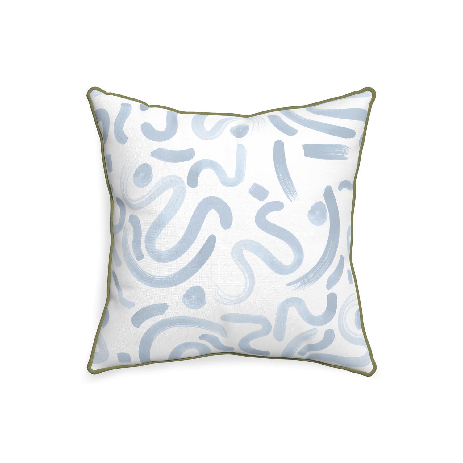 square abstract blue pillow with moss green piping