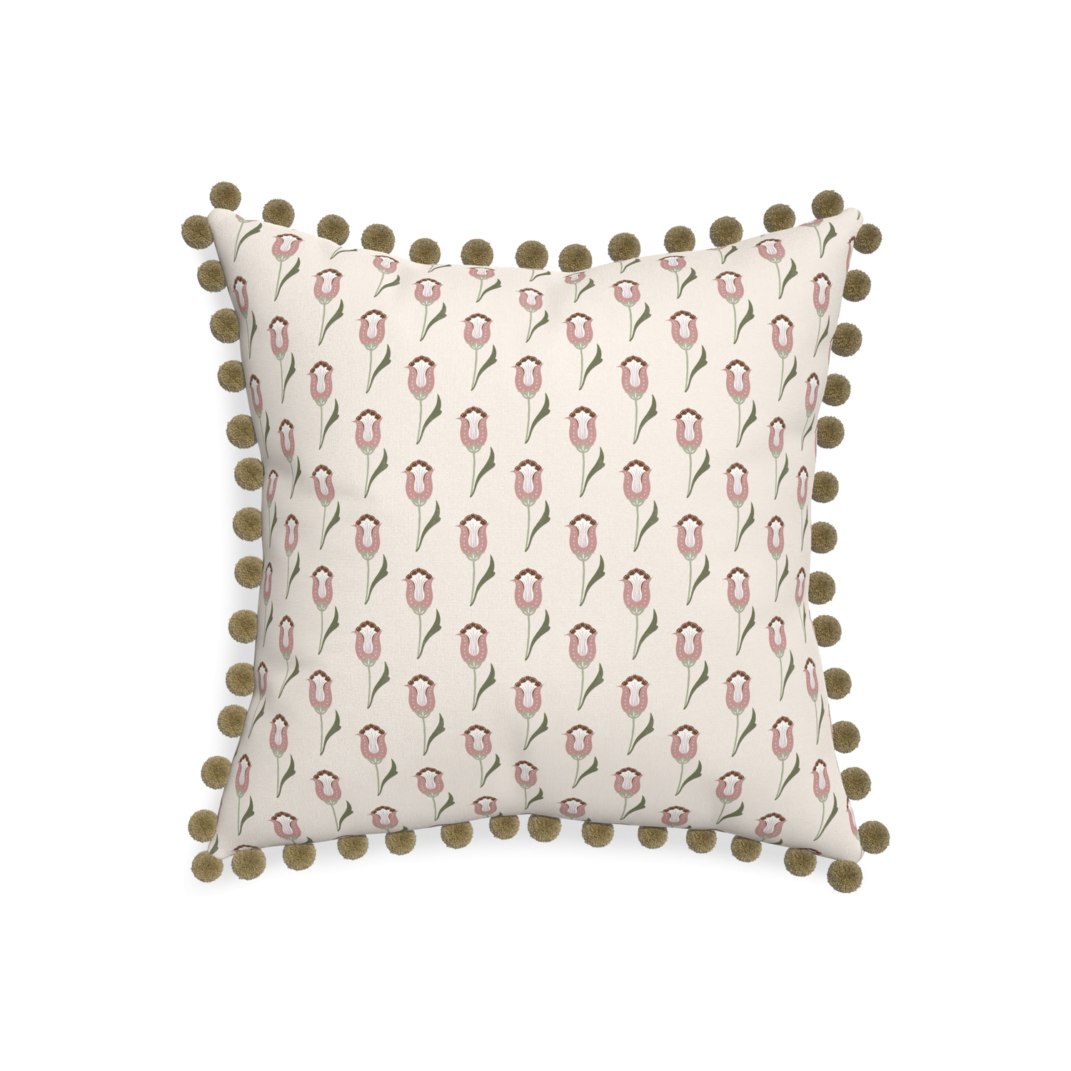 20-square annabelle orchid custom pink tulippillow with olive pom pom on white background