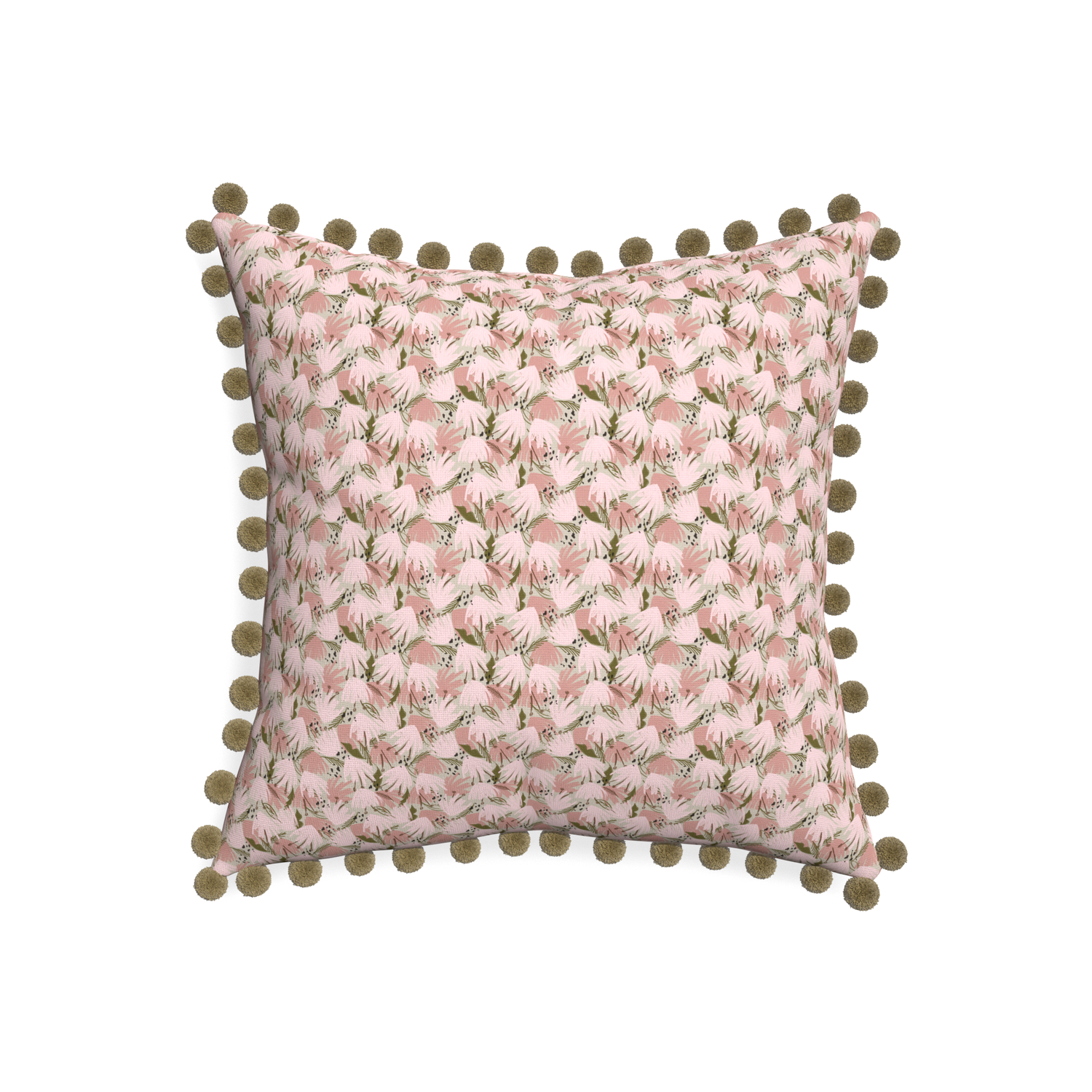 20-square eden pink custom pink floralpillow with olive pom pom on white background
