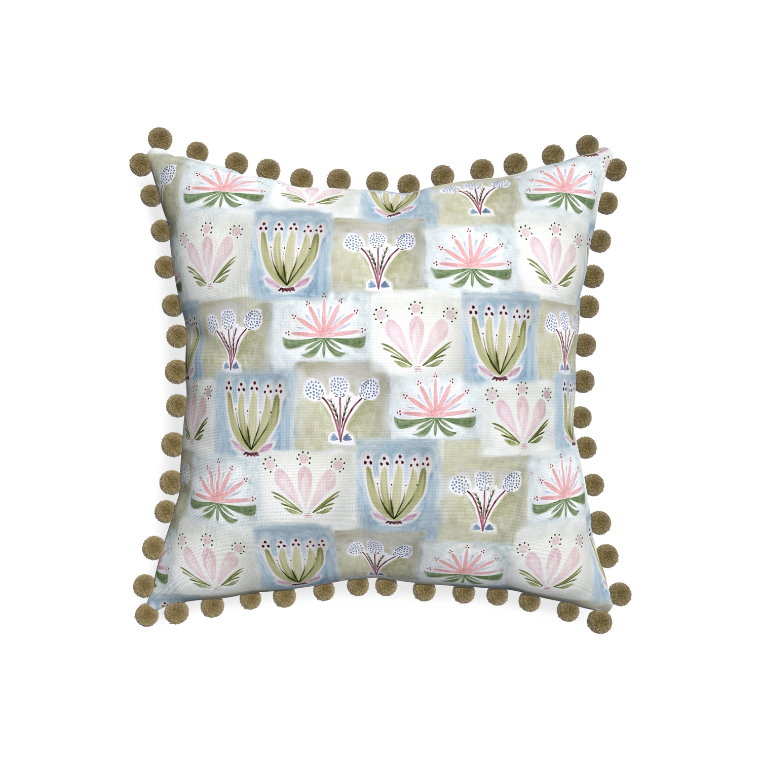 20-square harper custom hand-painted floralpillow with olive pom pom on white background