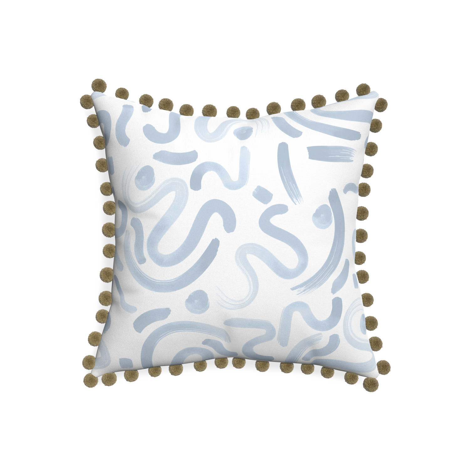 20-square hockney sky custom abstract sky bluepillow with olive pom pom on white background