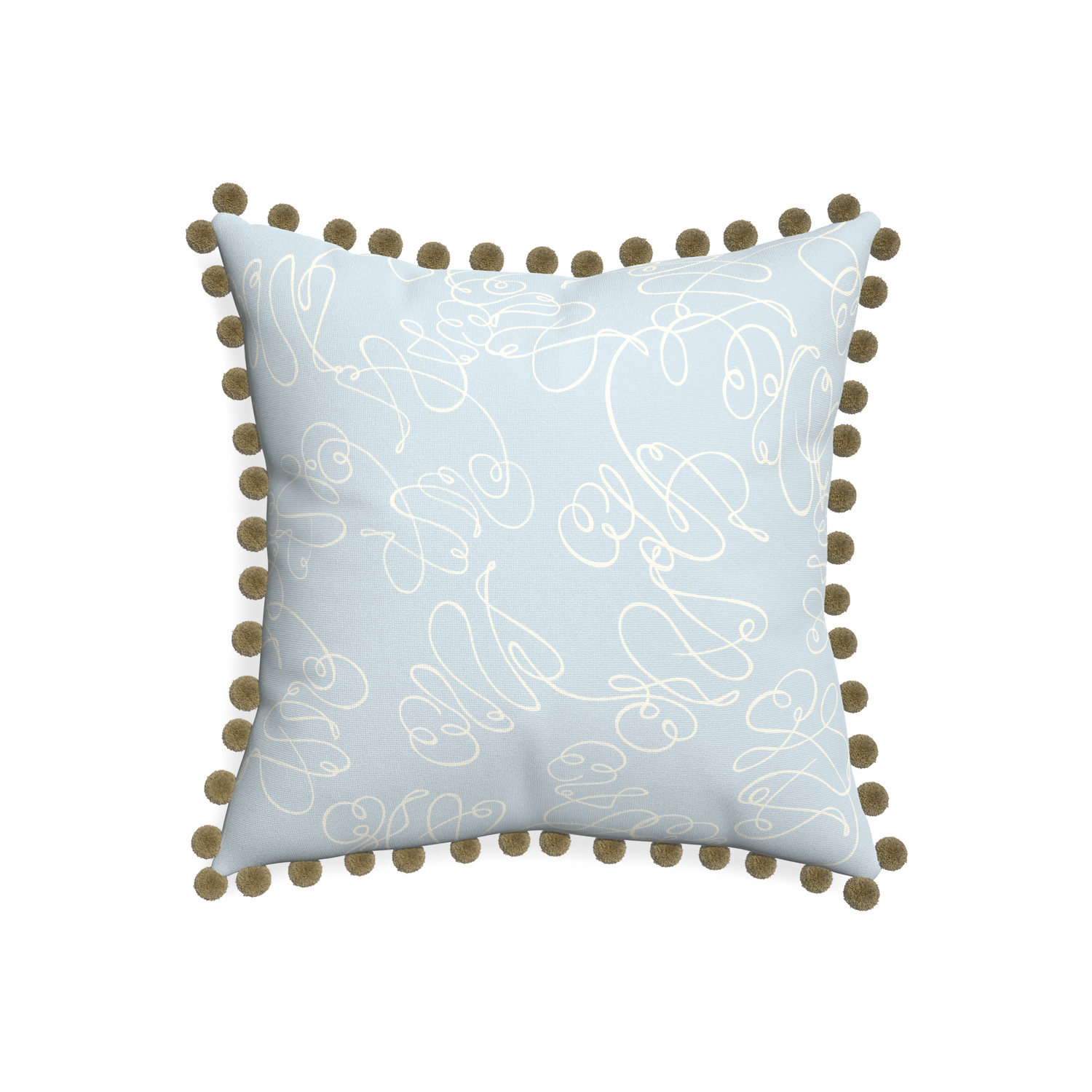 20-square mirabella custom powder blue abstractpillow with olive pom pom on white background