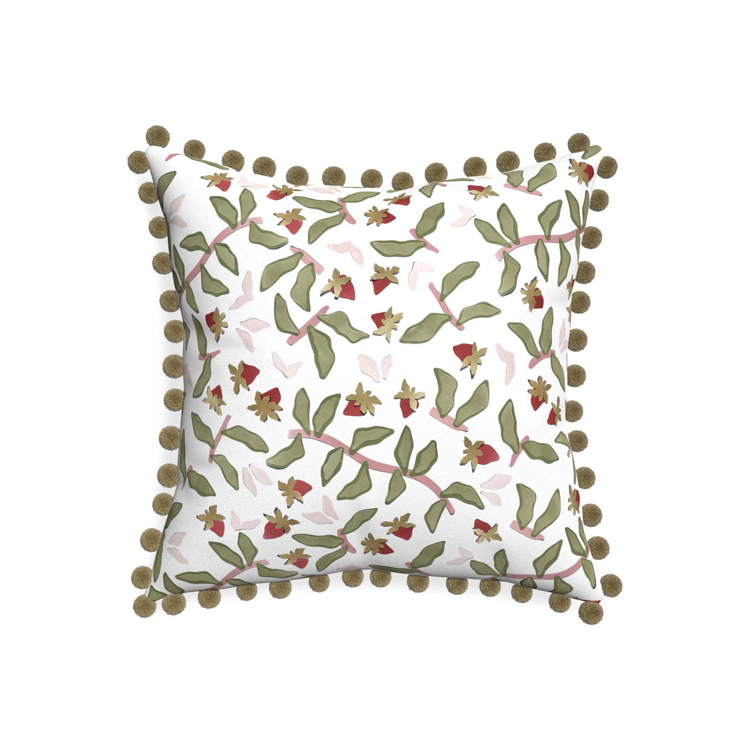 20-square nellie custom strawberry & botanicalpillow with olive pom pom on white background