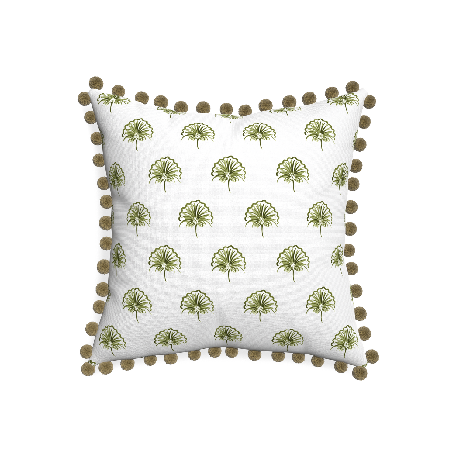 20-square penelope moss custom green floralpillow with olive pom pom on white background