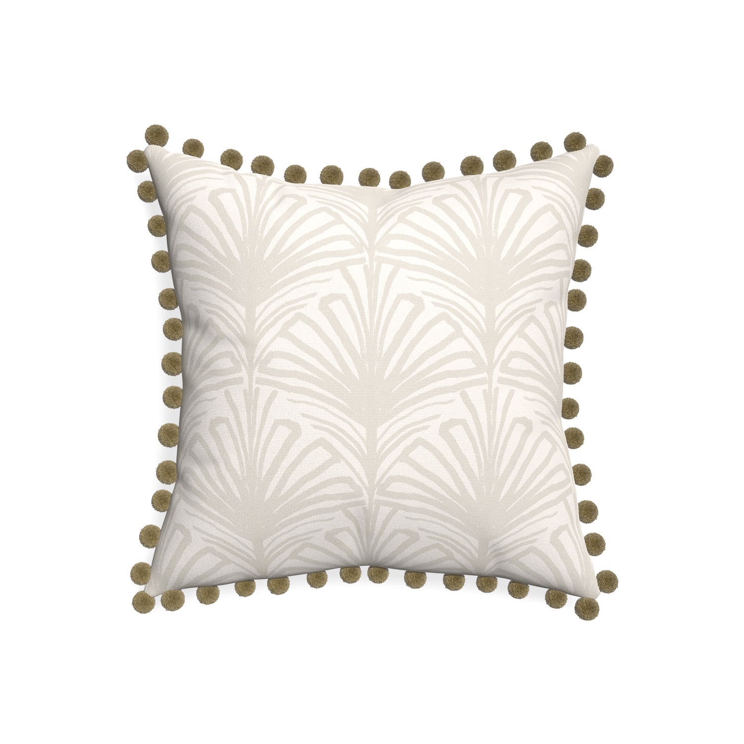 20-square suzy sand custom beige palmpillow with olive pom pom on white background