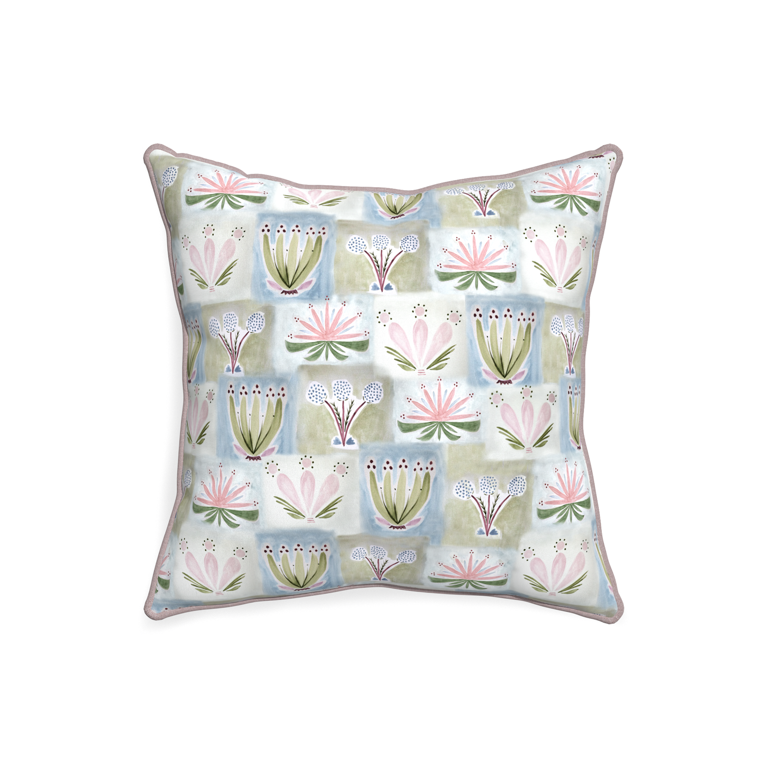 20-square harper custom hand-painted floralpillow with orchid piping on white background