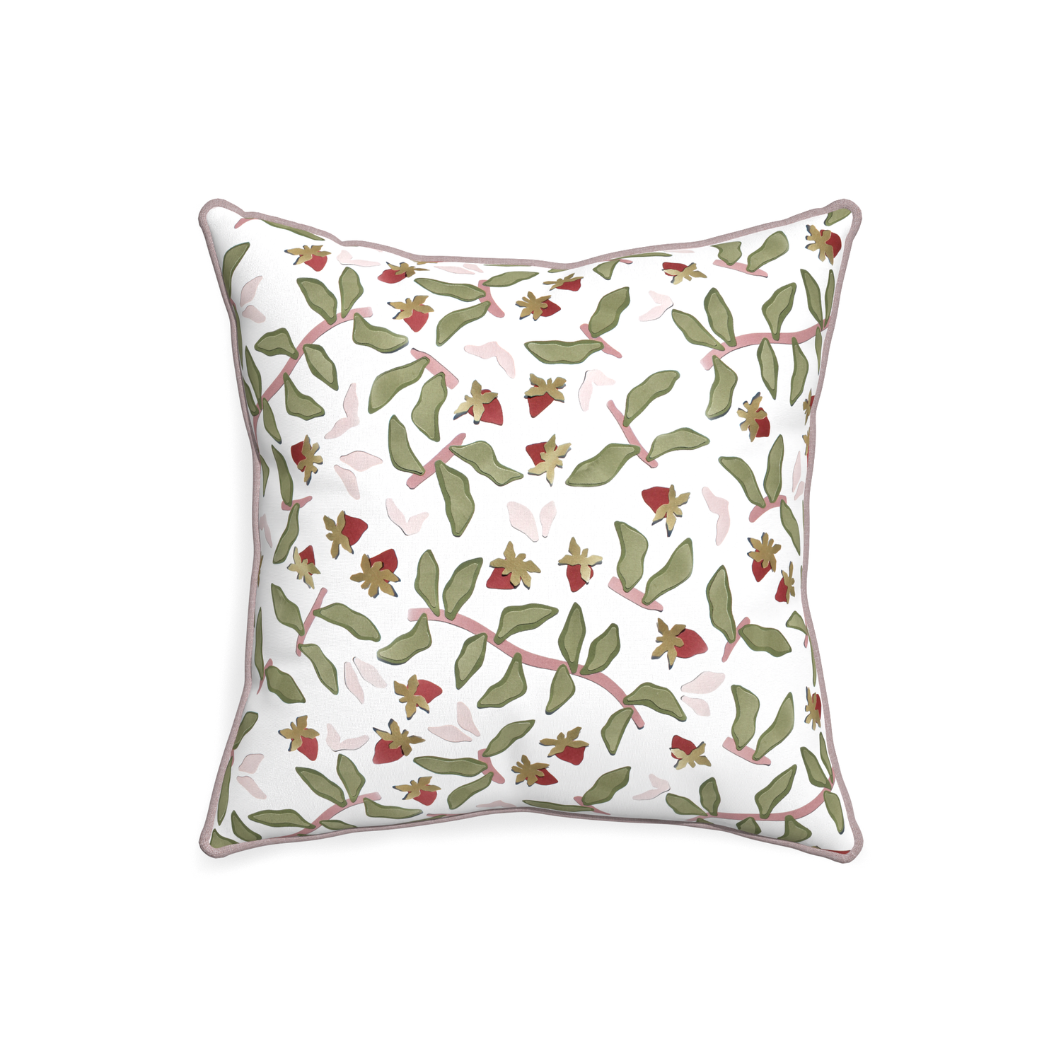 20-square nellie custom strawberry & botanicalpillow with orchid piping on white background