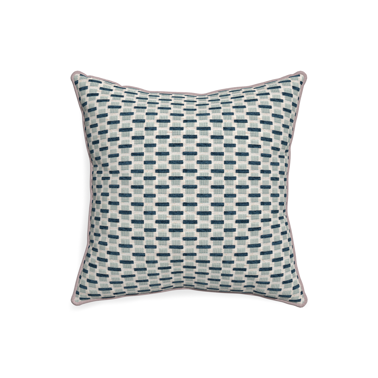 20-square willow amalfi custom blue geometric chenillepillow with orchid piping on white background