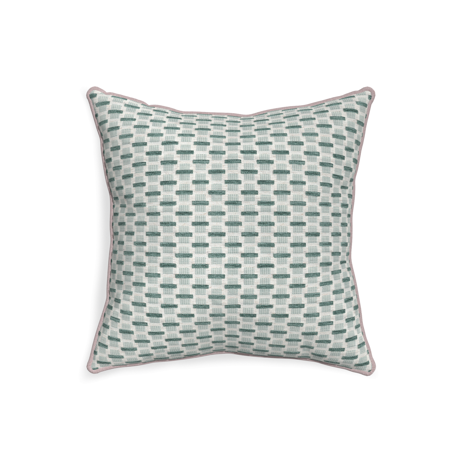 20-square willow mint custom green geometric chenillepillow with orchid piping on white background