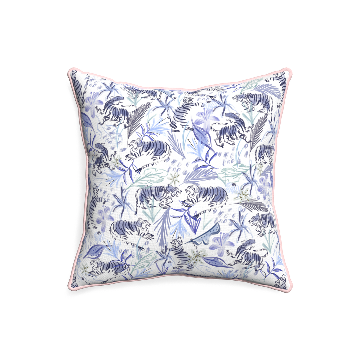 20-square frida blue custom blue with intricate tiger designpillow with petal piping on white background