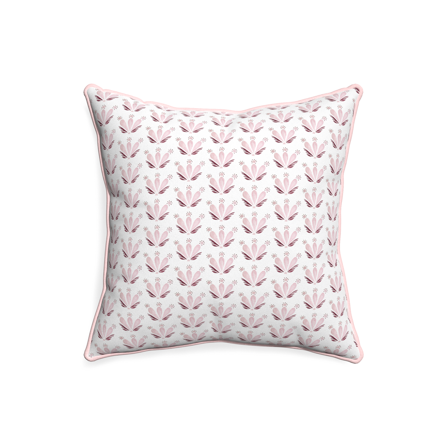 20-square serena pink custom pink & burgundy drop repeat floralpillow with petal piping on white background