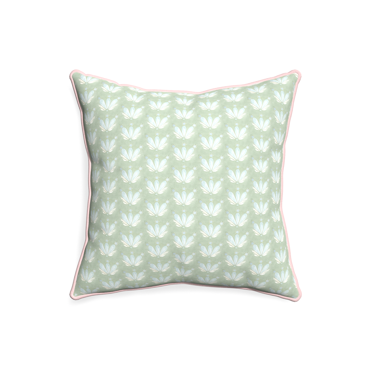 20-square serena sea salt custom blue & green floral drop repeatpillow with petal piping on white background