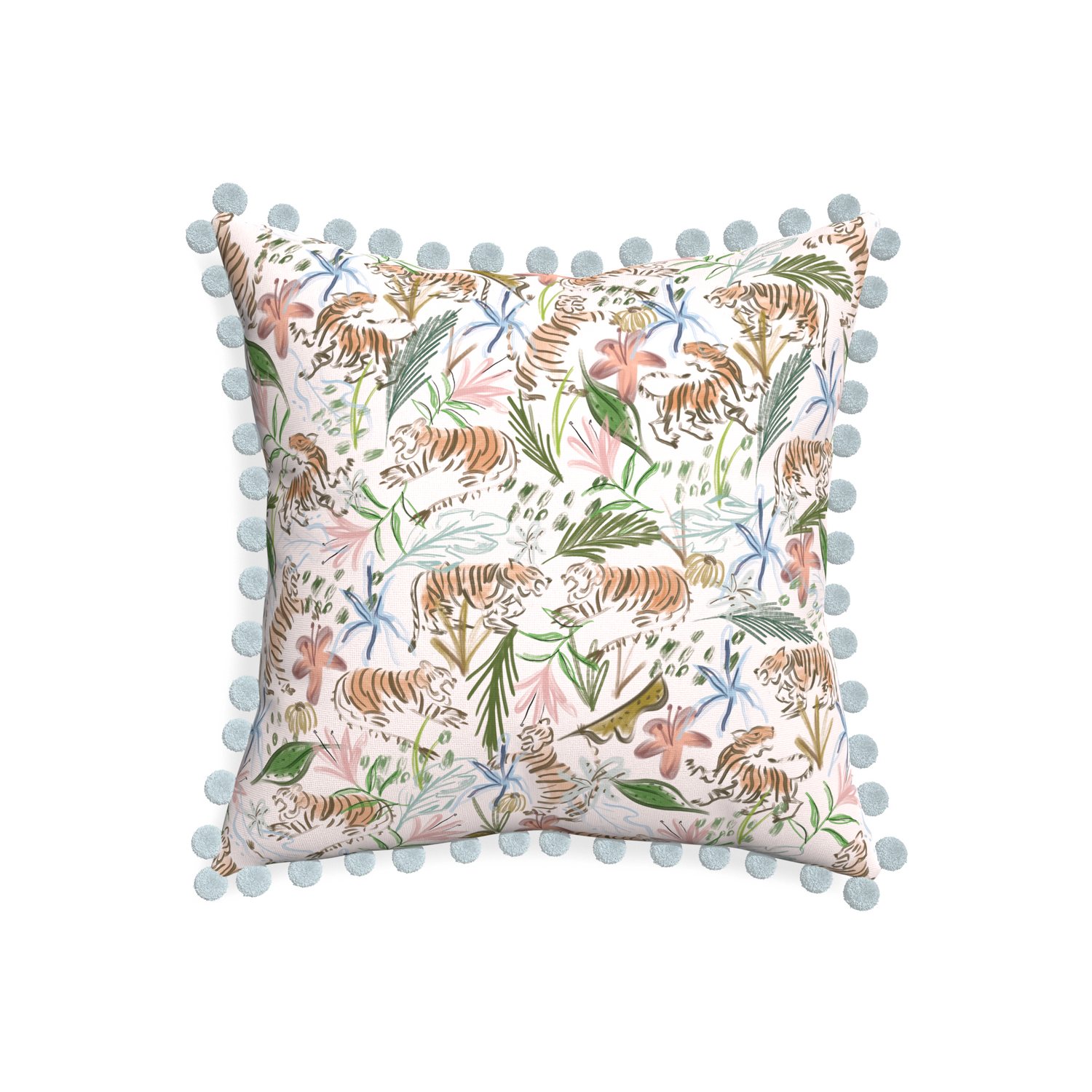 20-square frida pink custom pink chinoiserie tigerpillow with powder pom pom on white background