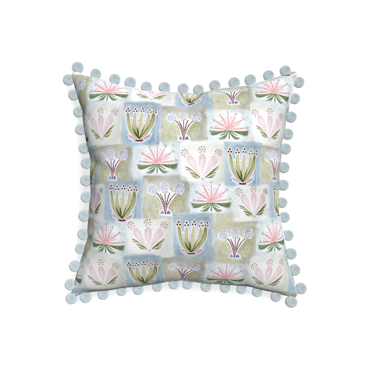 20-square harper custom hand-painted floralpillow with powder pom pom on white background