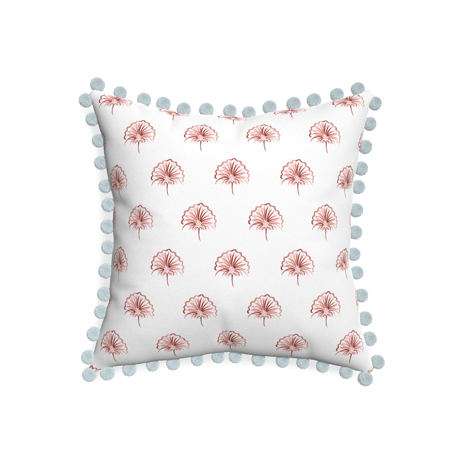 20-square penelope rose custom floral pinkpillow with powder pom pom on white background