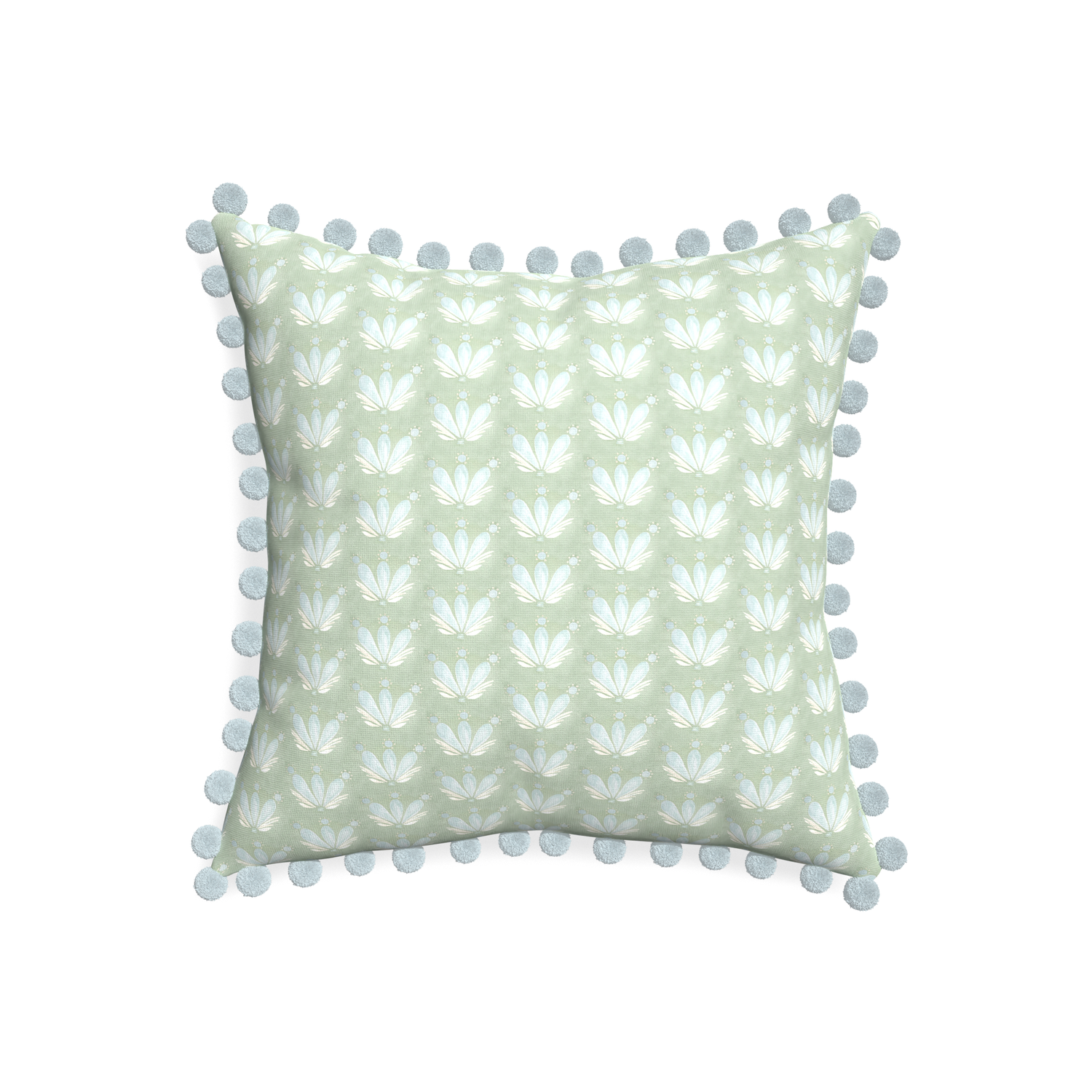20-square serena sea salt custom blue & green floral drop repeatpillow with powder pom pom on white background