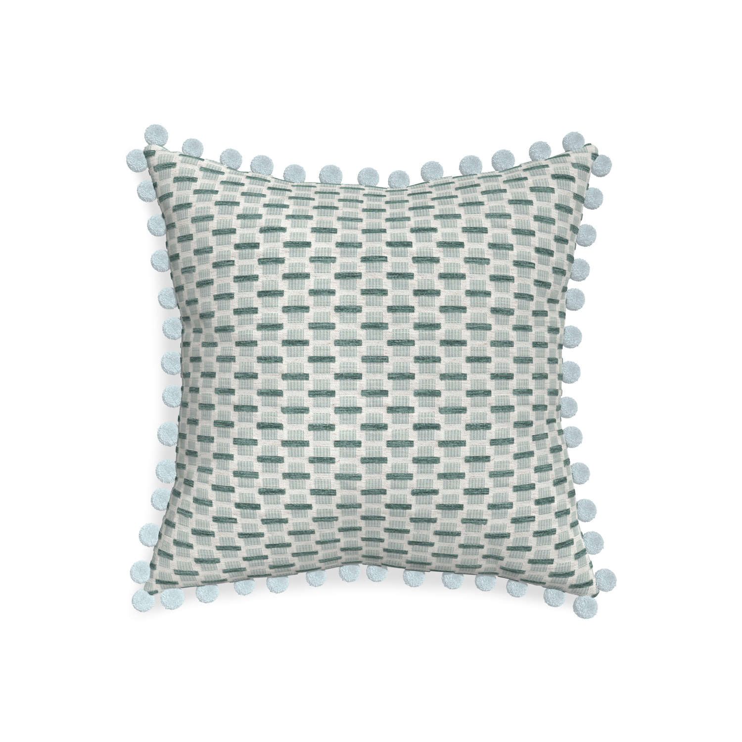 20-square willow mint custom green geometric chenillepillow with powder pom pom on white background