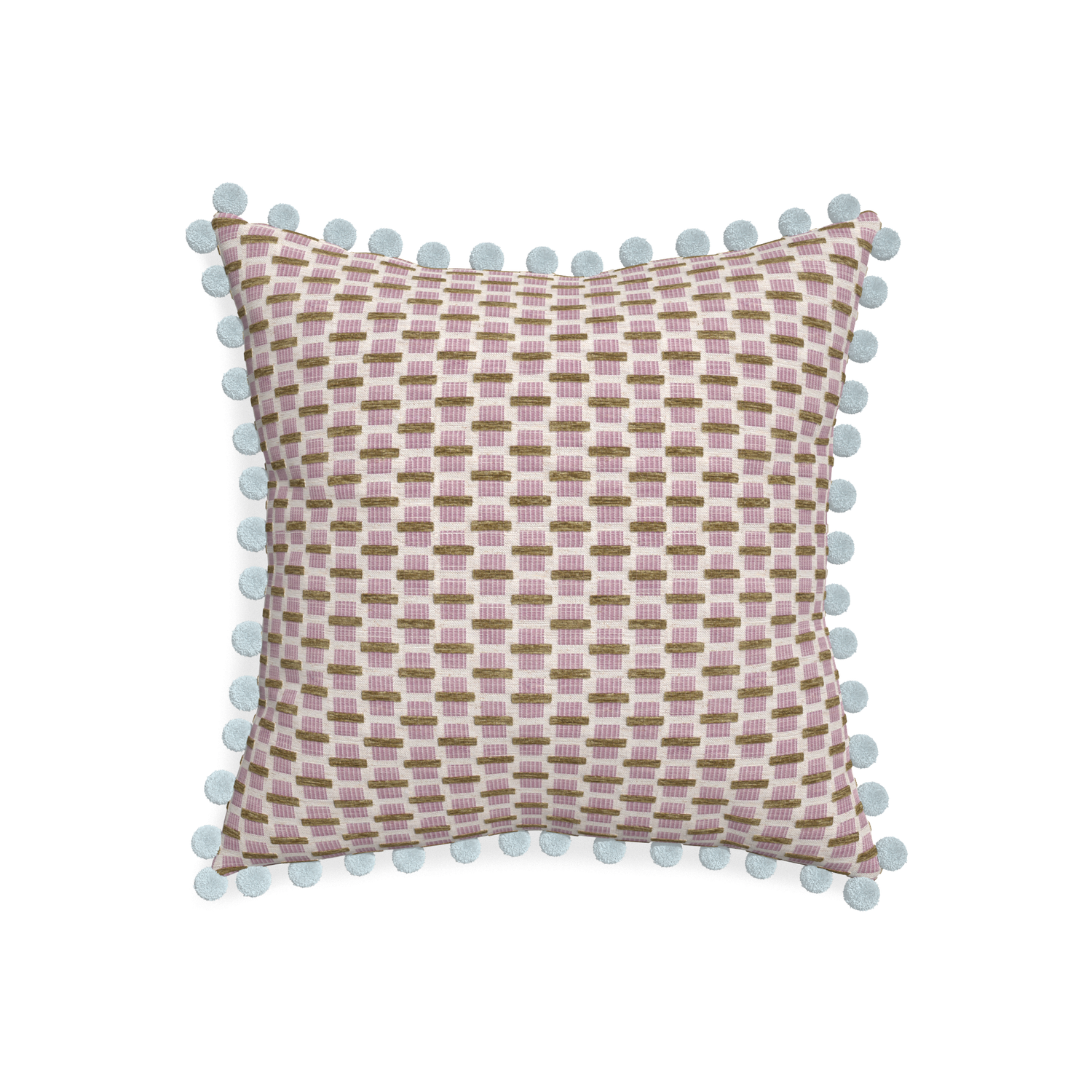 20-square willow orchid custom pink geometric chenillepillow with powder pom pom on white background