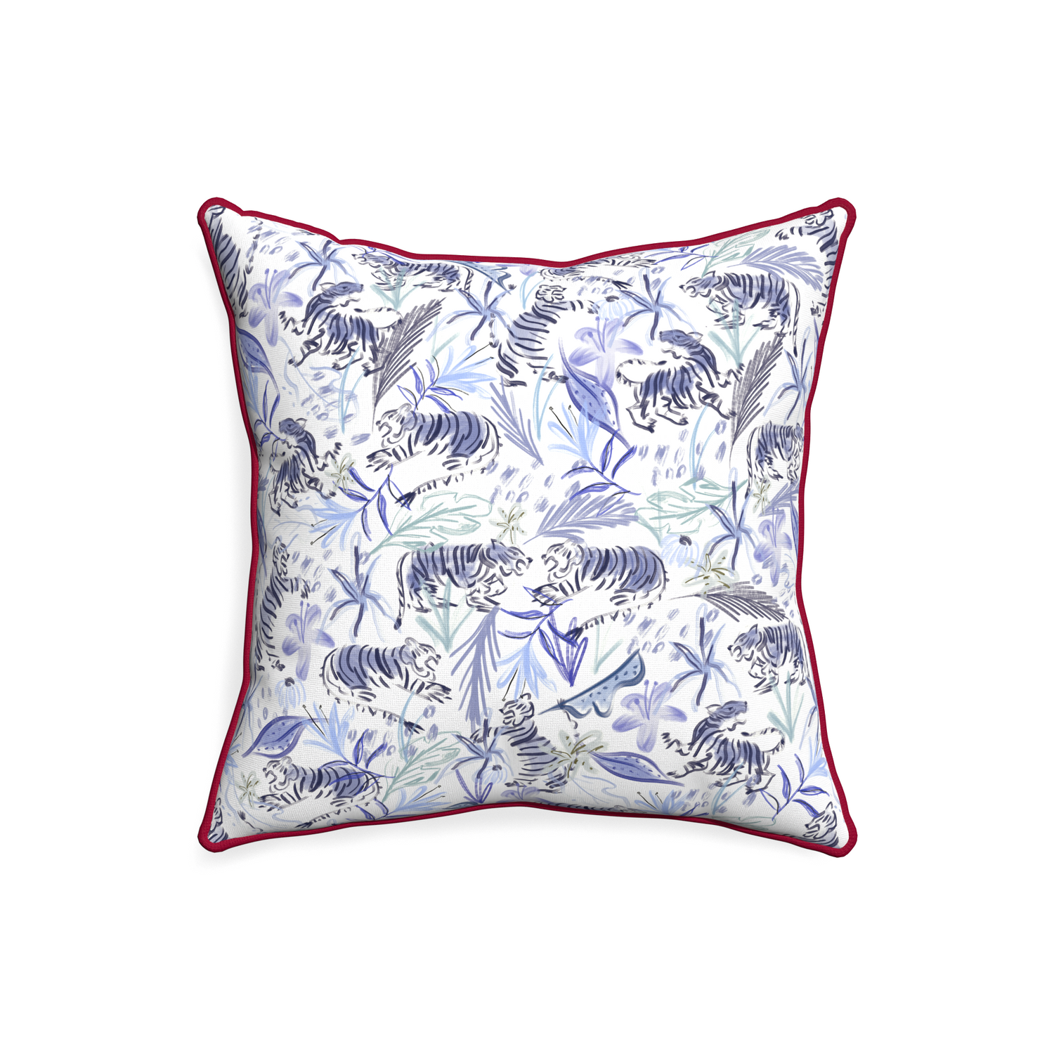 20-square frida blue custom blue with intricate tiger designpillow with raspberry piping on white background