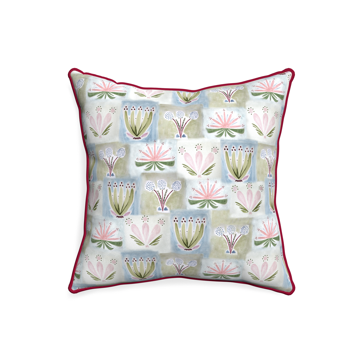 20-square harper custom hand-painted floralpillow with raspberry piping on white background